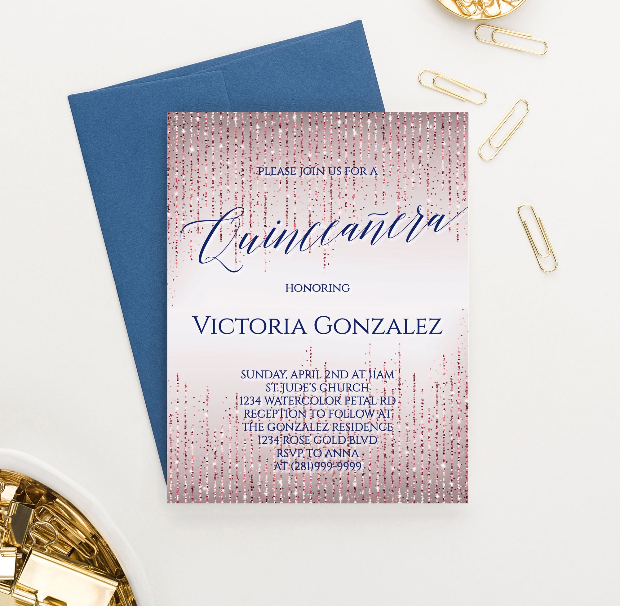 Elegant Personalized Rose Gold Glitter Quinceanera Invitations