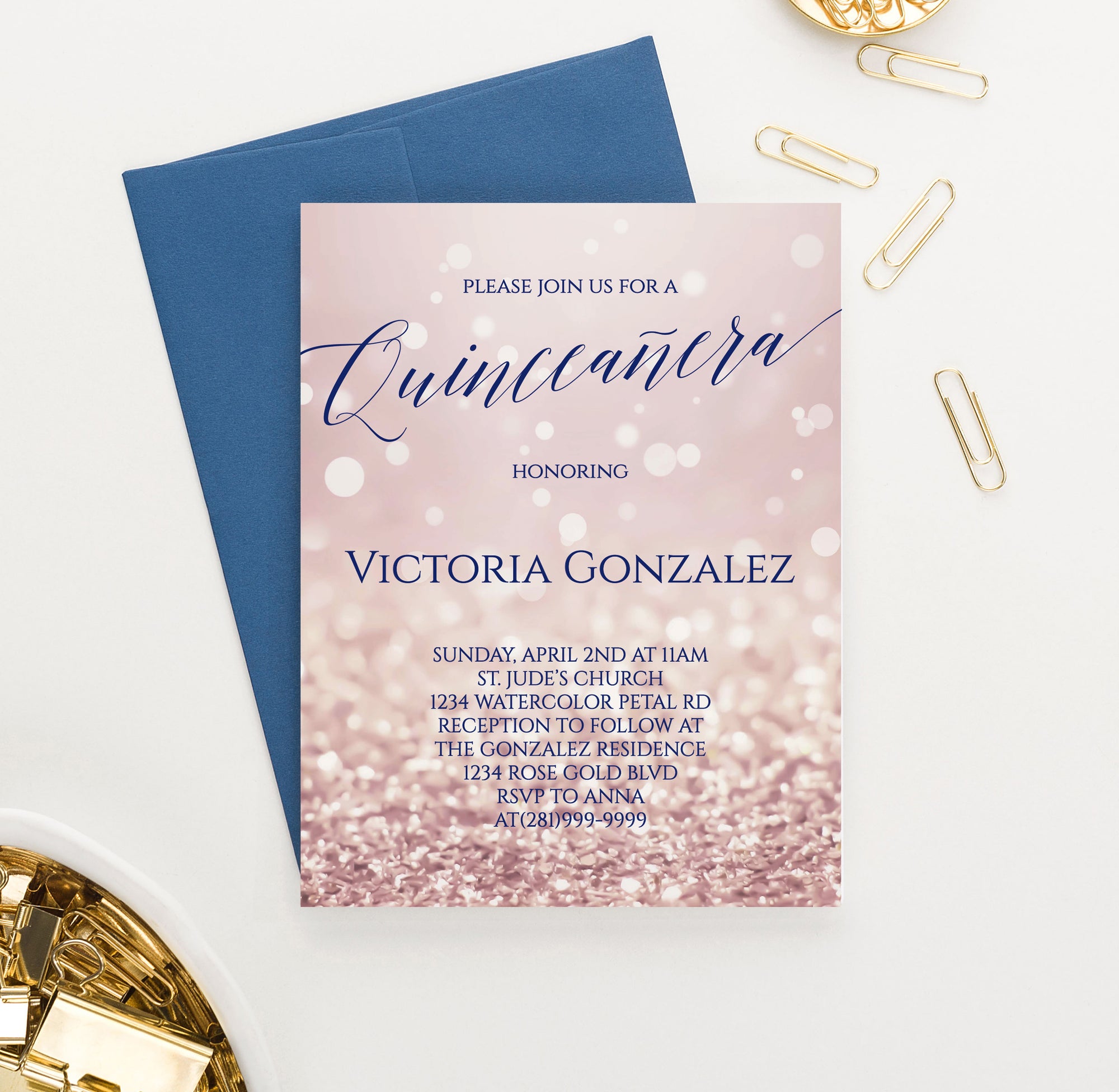 Personalized Rose Gold Quinceanera Invitations