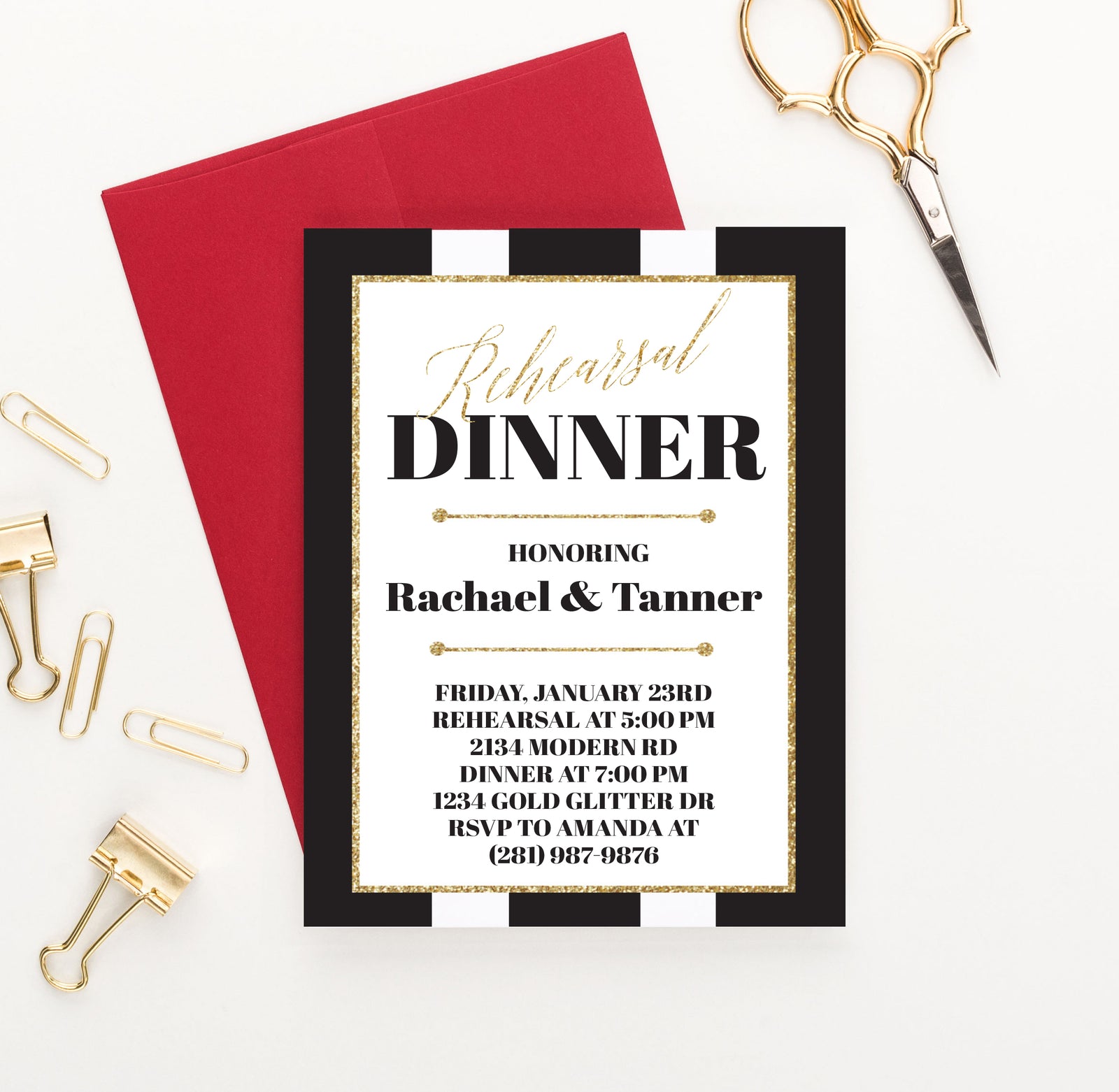 Custom Black And Gold Wedding Rehearsal Dinner Invitations