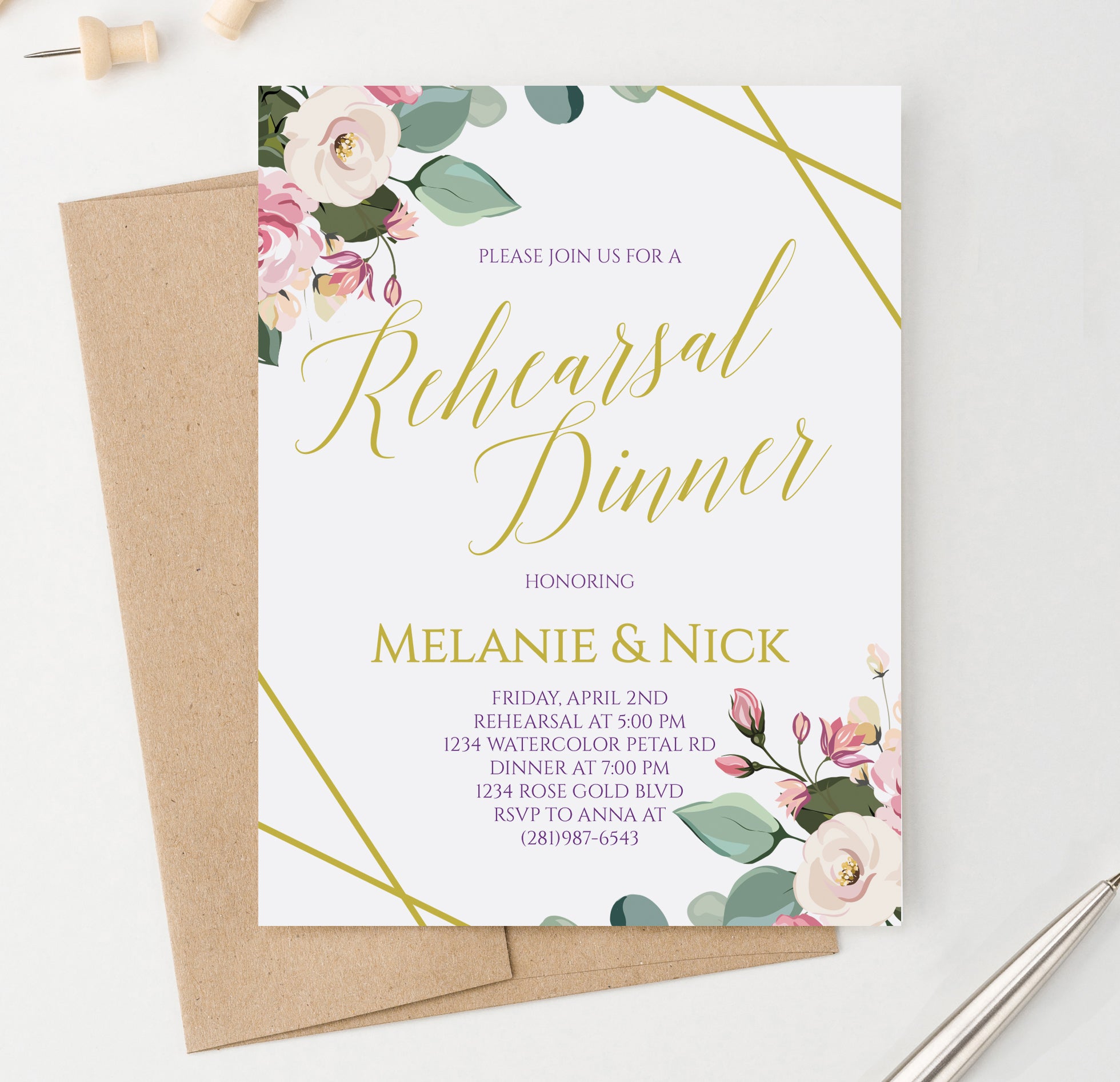 Personalized Modern Rehearsal Dinner Invitations With Floral Corners
