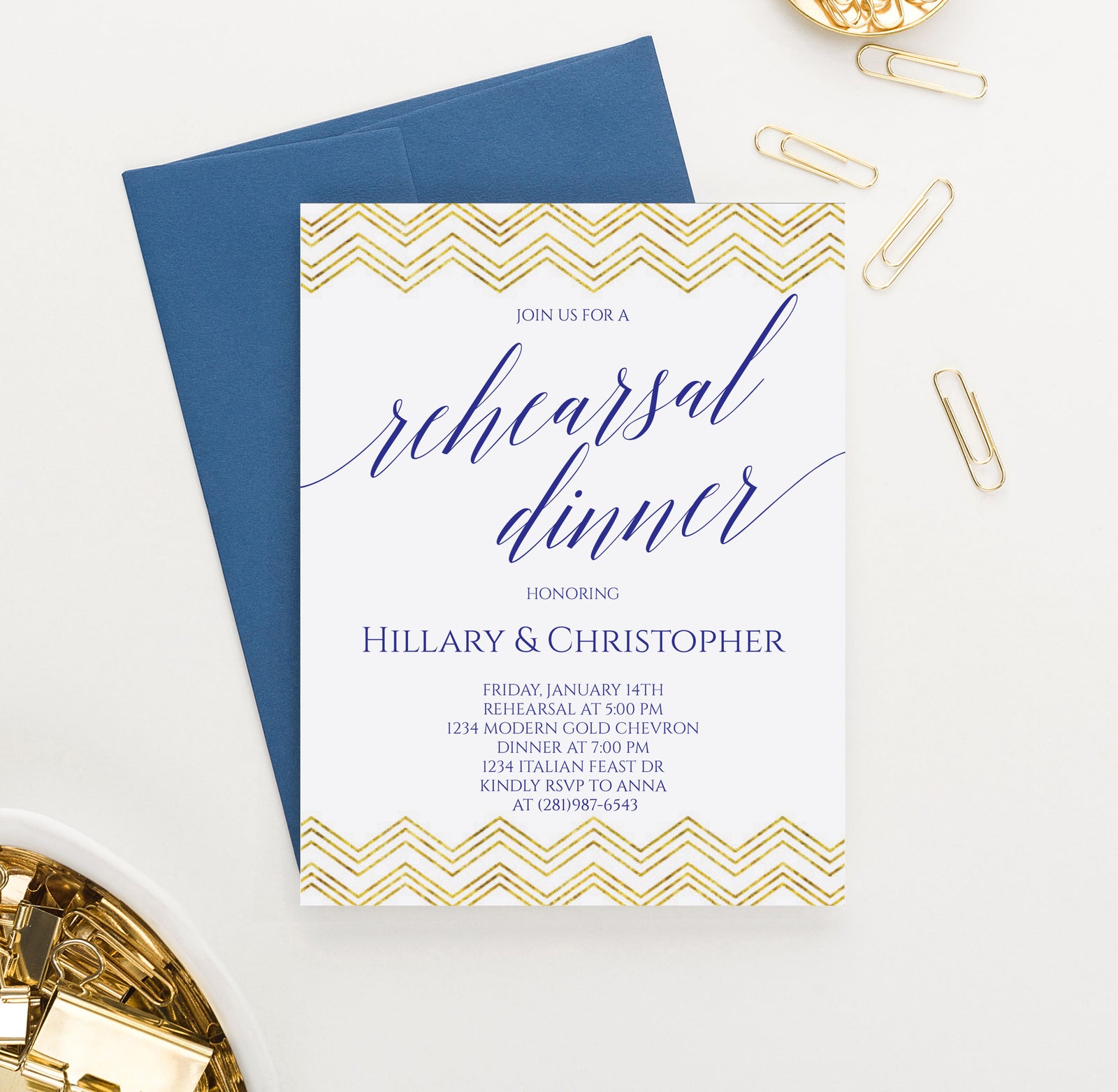 Gold Chevron Rehearsal Dinner Invitations Customized