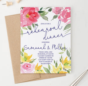 Pink And Yellow Floral Watercolor Rehearsal Dinner Invitations Personalized