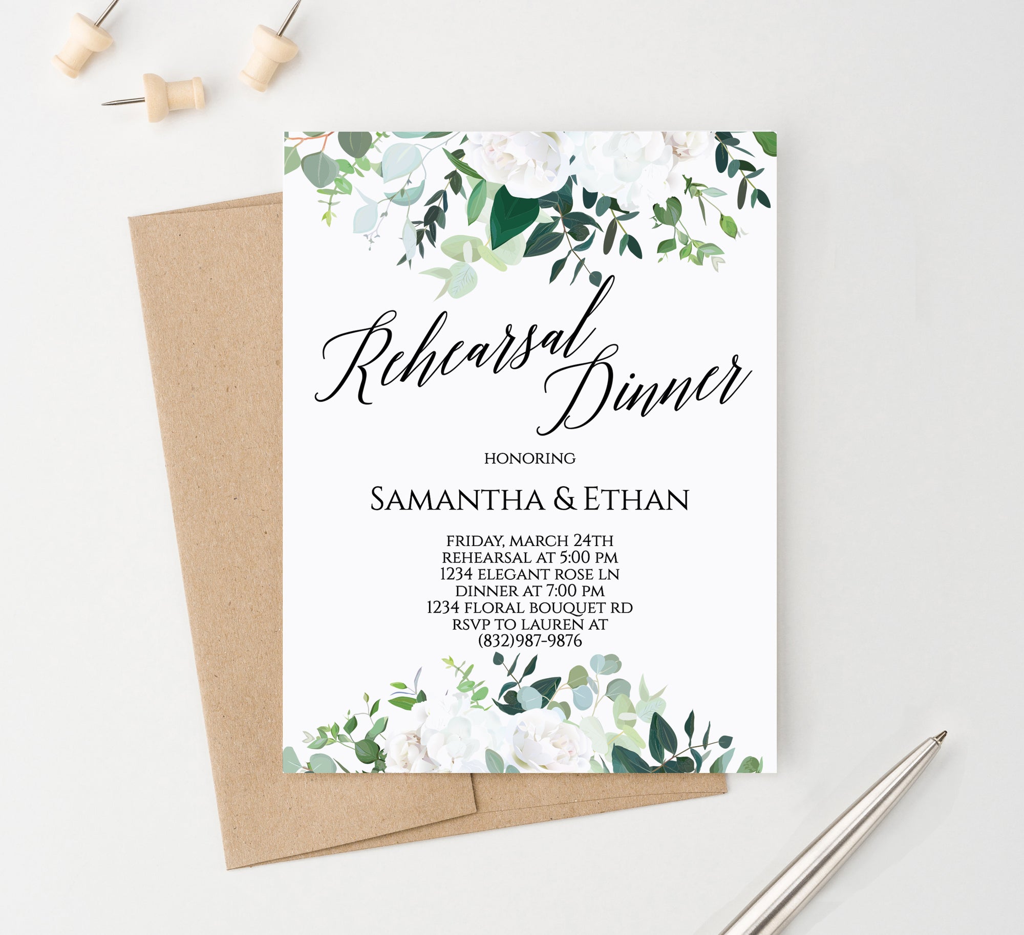 White Floral Wedding Rehearsal Dinner Invitations Personalized