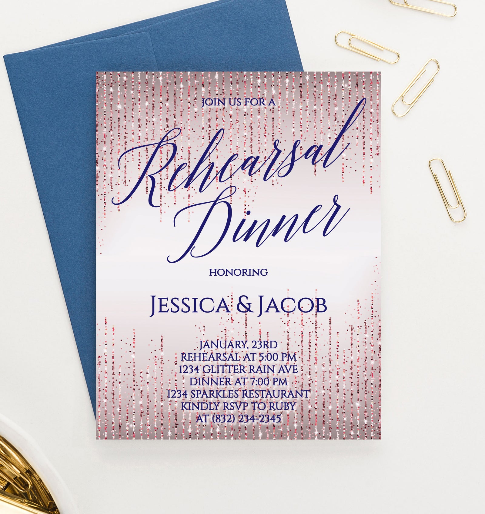 Elegant Personalized Rose Gold Glitter Rehearsal Dinner Invitations