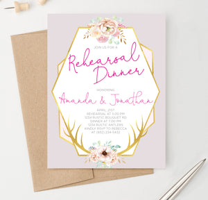 Floral Deer Antlers Personalized Rehearsal Dinner Invitations With Gold Frame