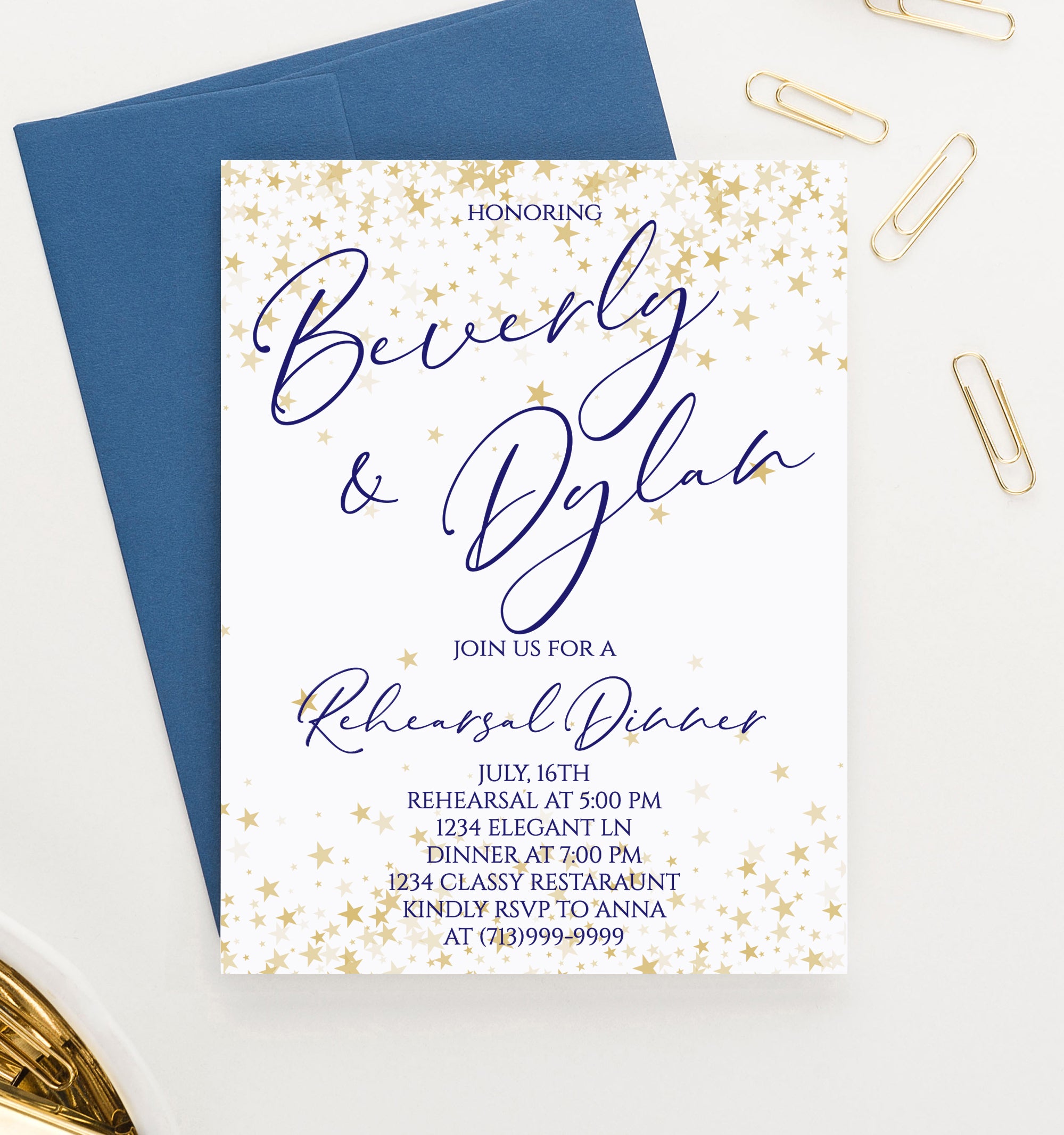 Personalized Rehearsal Dinner Invitations With Gold Stars