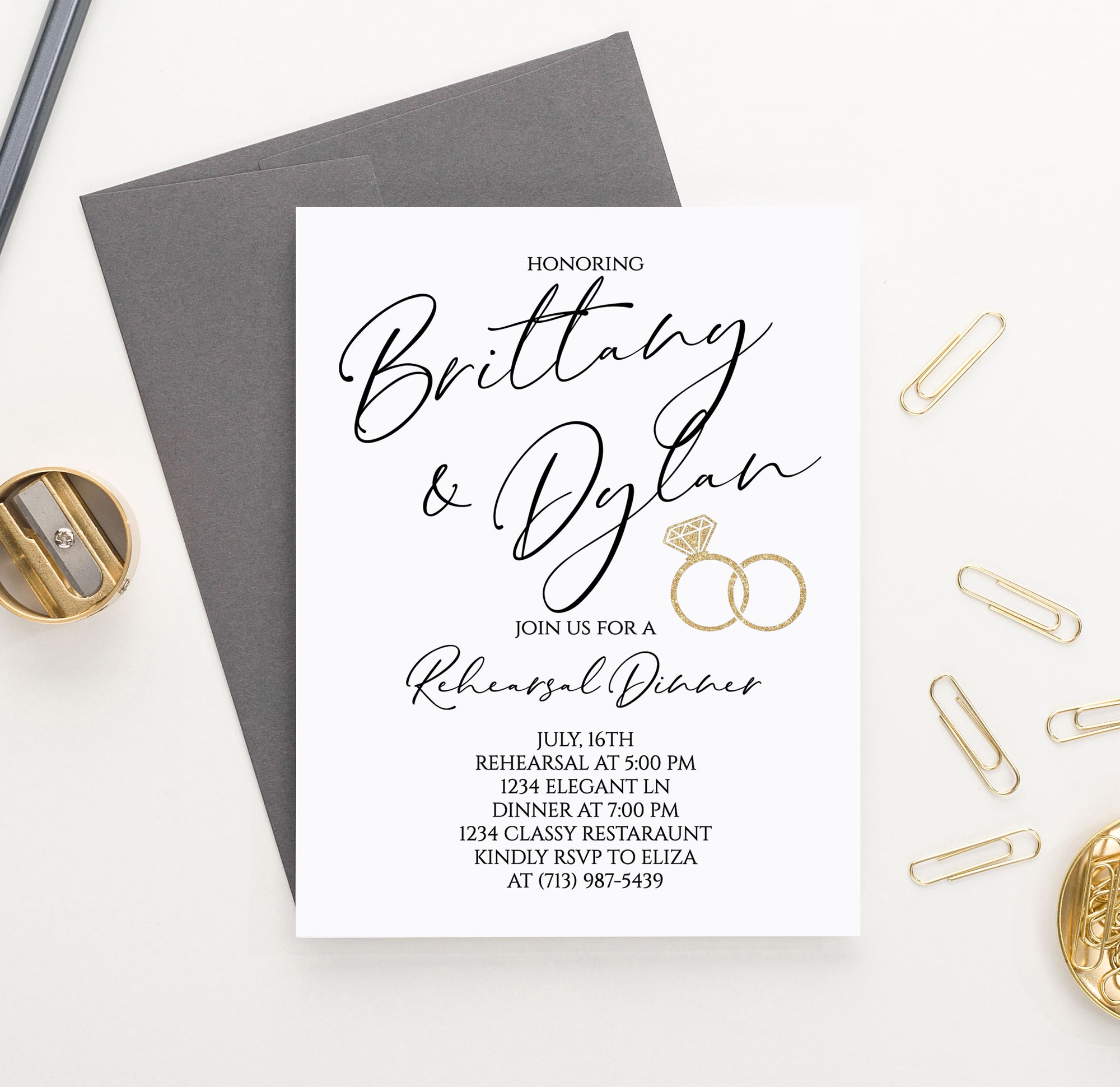 Personalized Classic Rehearsal Dinner Invitations With His And Hers Gold Rings