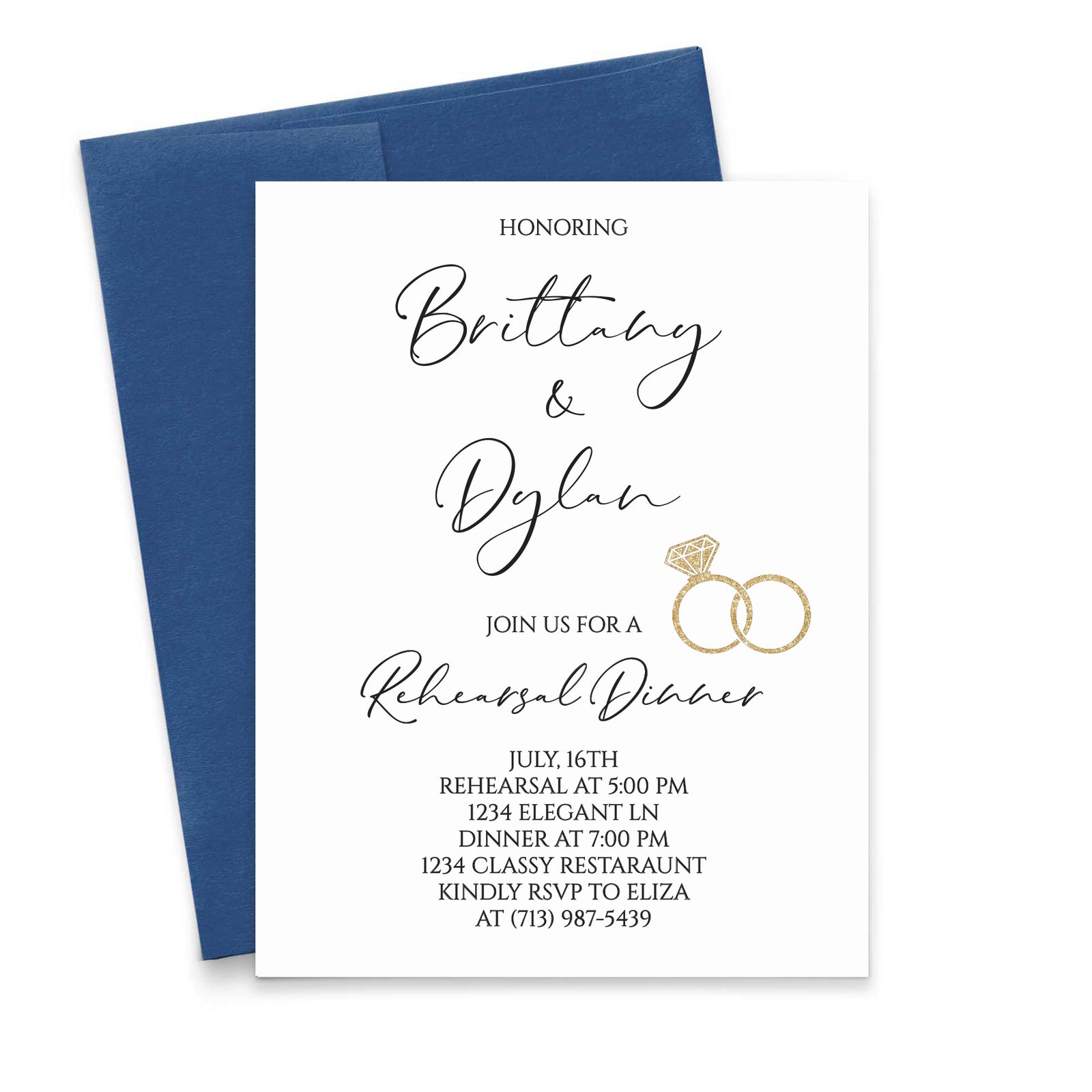Personalized Classic Rehearsal Dinner Invitations With His And Hers Gold Rings