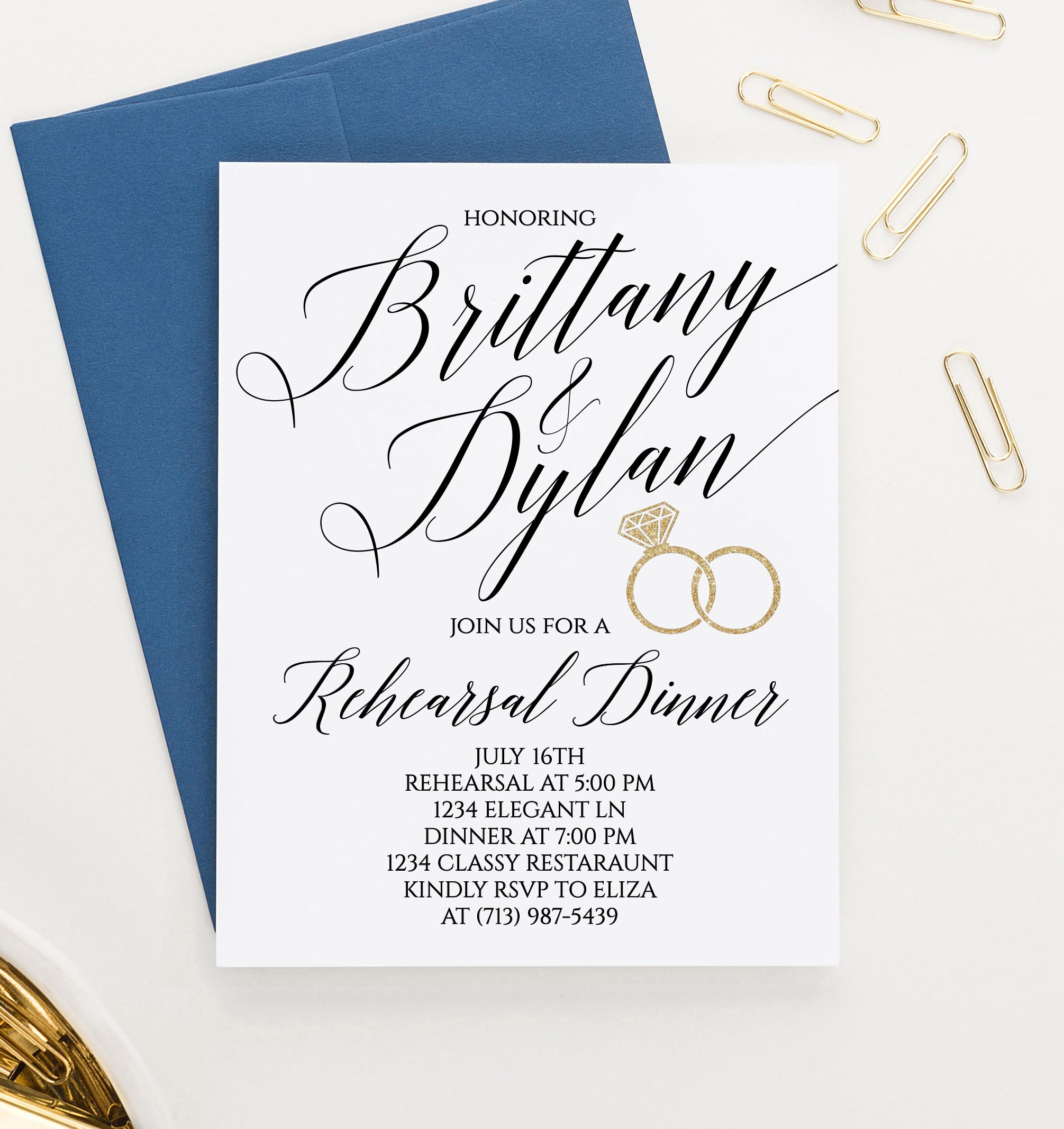 Personalized Classic Rehearsal Dinner Invitations With His And Hers Gold Rings