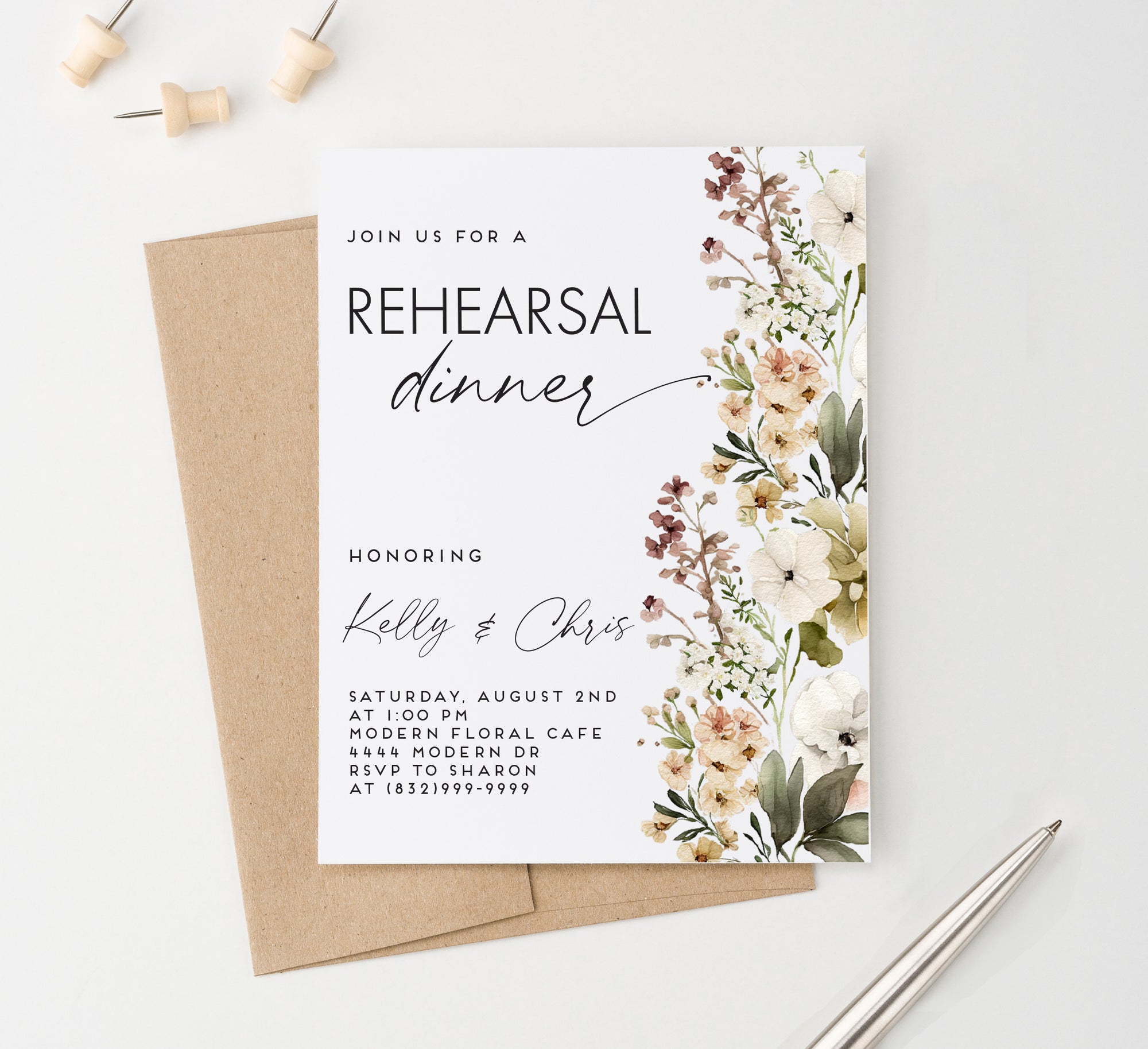 Minimalist Rehearsal Dinner Party Invitations With Florals