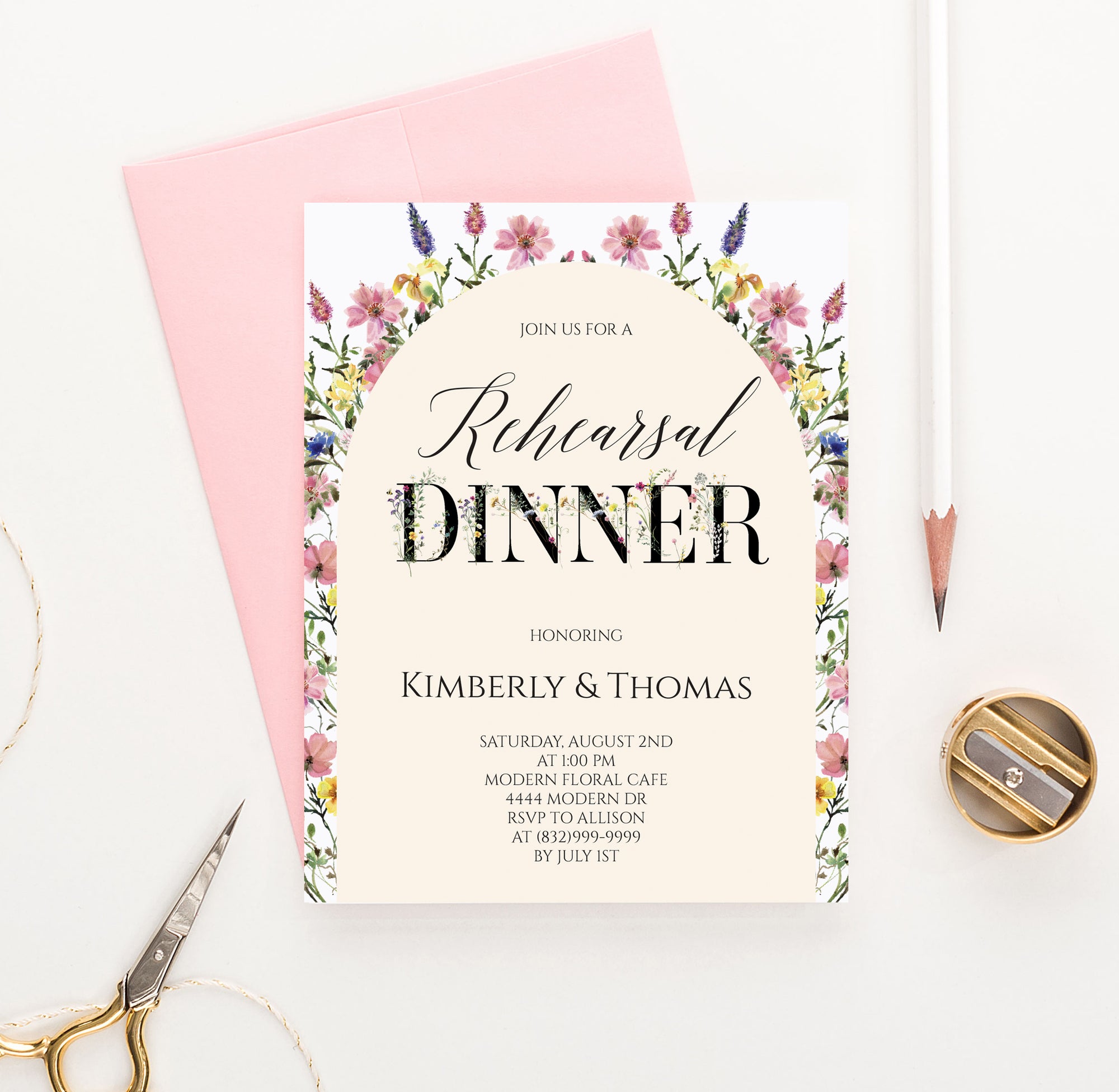 Modern Rehearsal Dinner Invitations With Wildflower Arch