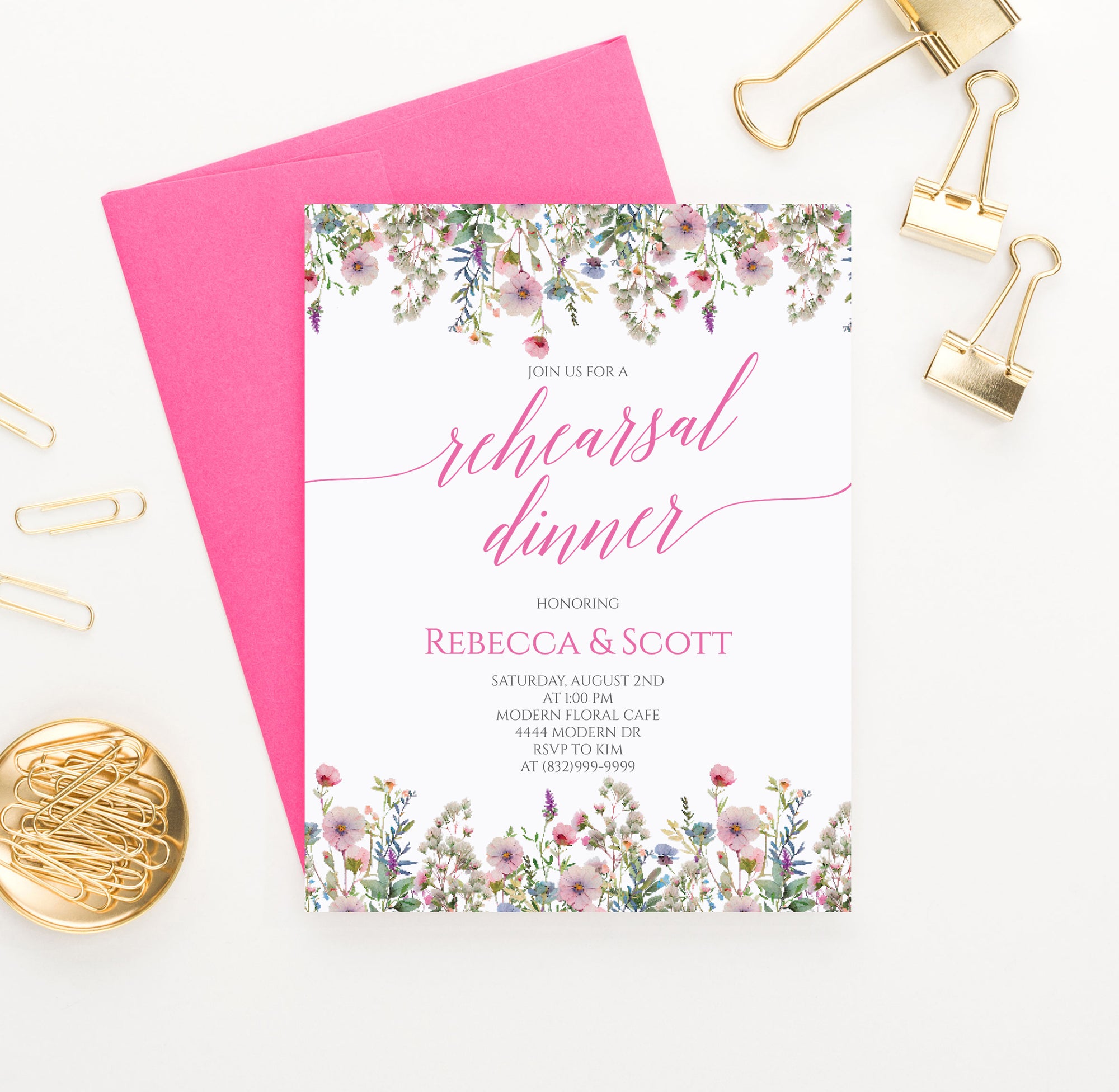 Classic Pink Floral Rehearsal Dinner Invitations