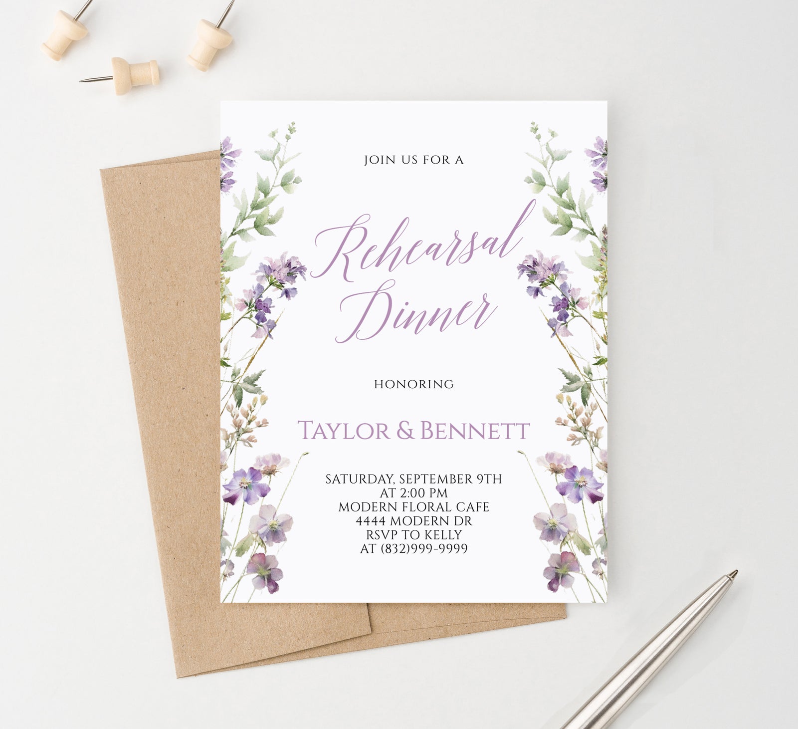 Purple Floral Classic Rehearsal Dinner Invitations