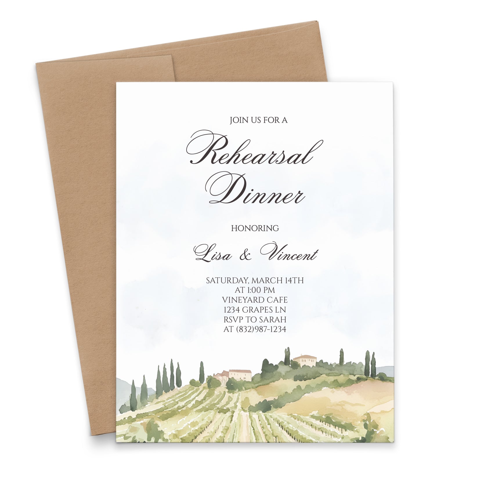 Romantic Vineyard Rehearsal Dinner Invitations With Greenery