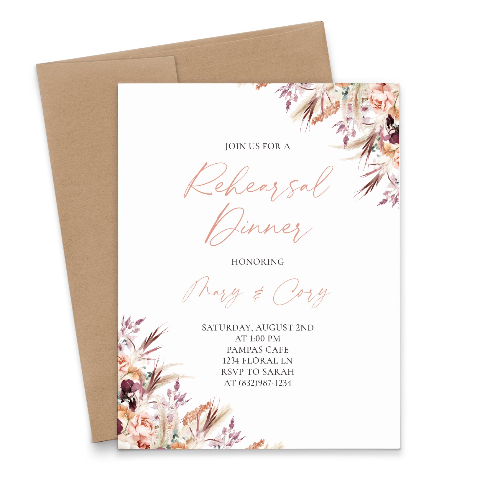 Boho Rehearsal Dinner Invitations With Pampas Grass