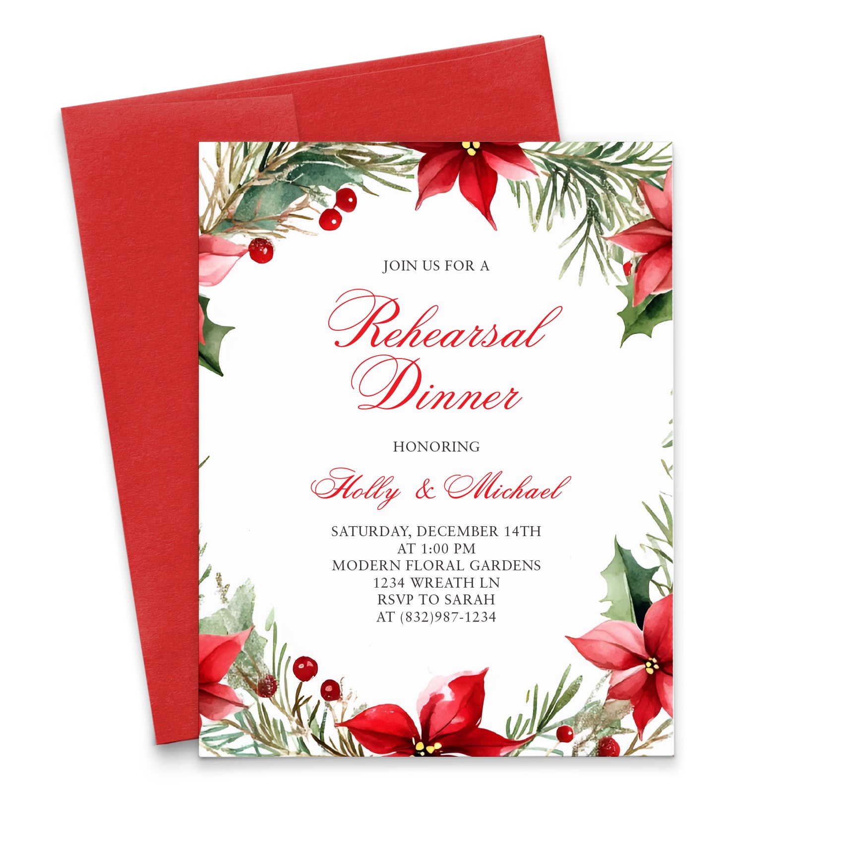 Elegant Christmas Rehearsal Dinner Invitations With Wreath