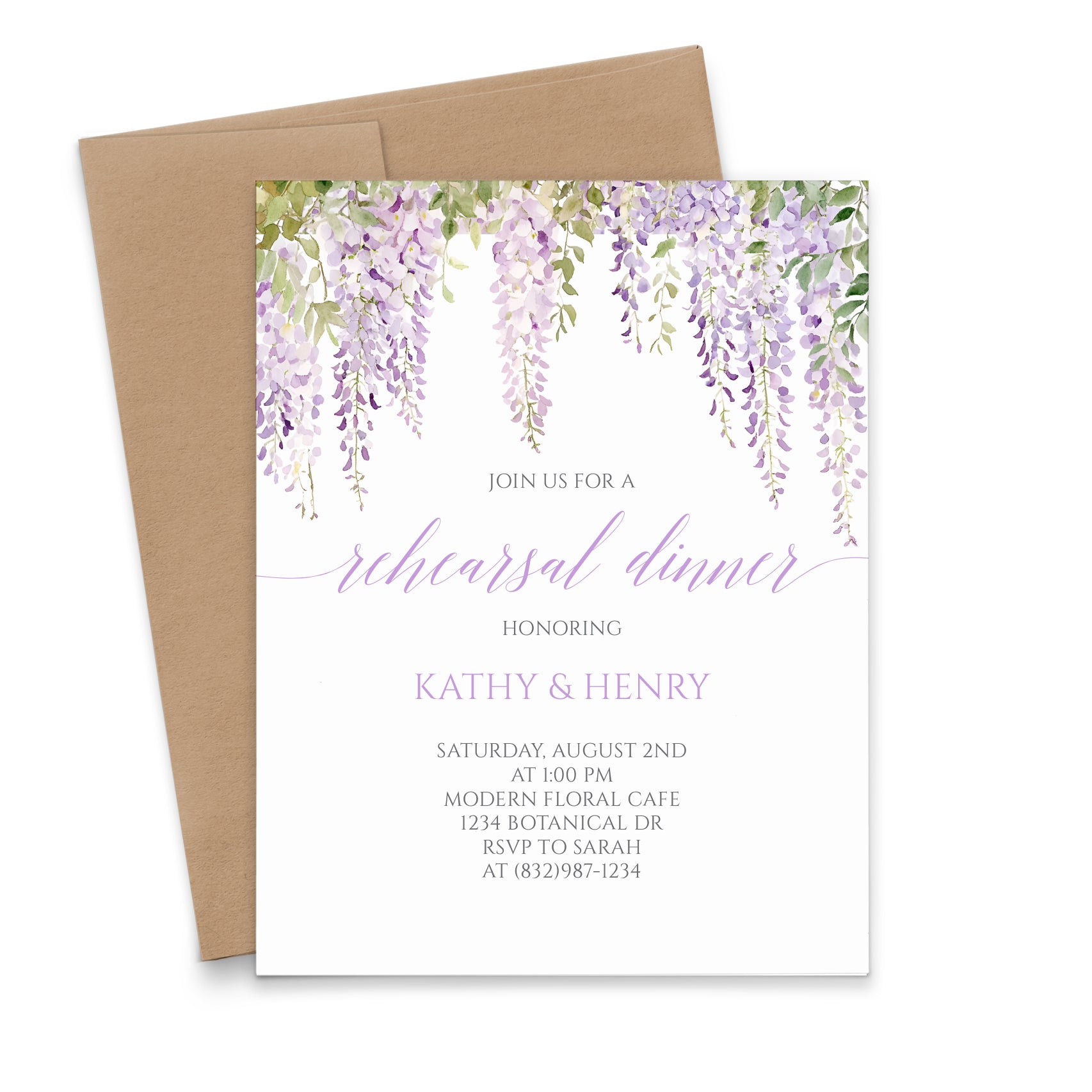 Custom Rehearsal Dinner Invitations With Purple Wisteria