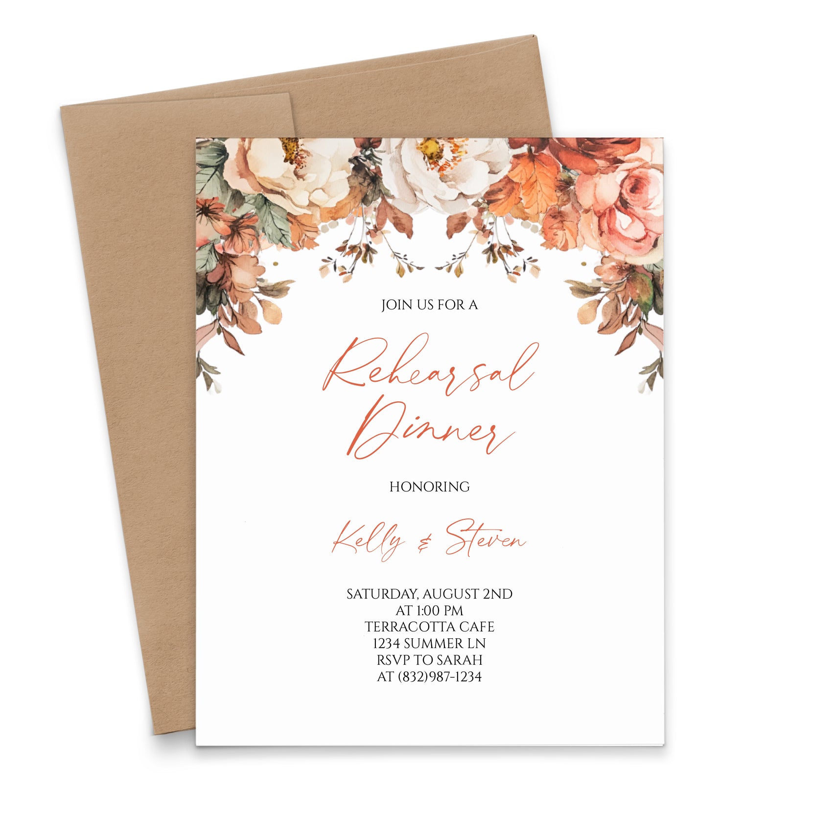 Terracotta Floral Rehearsal Dinner Invitations