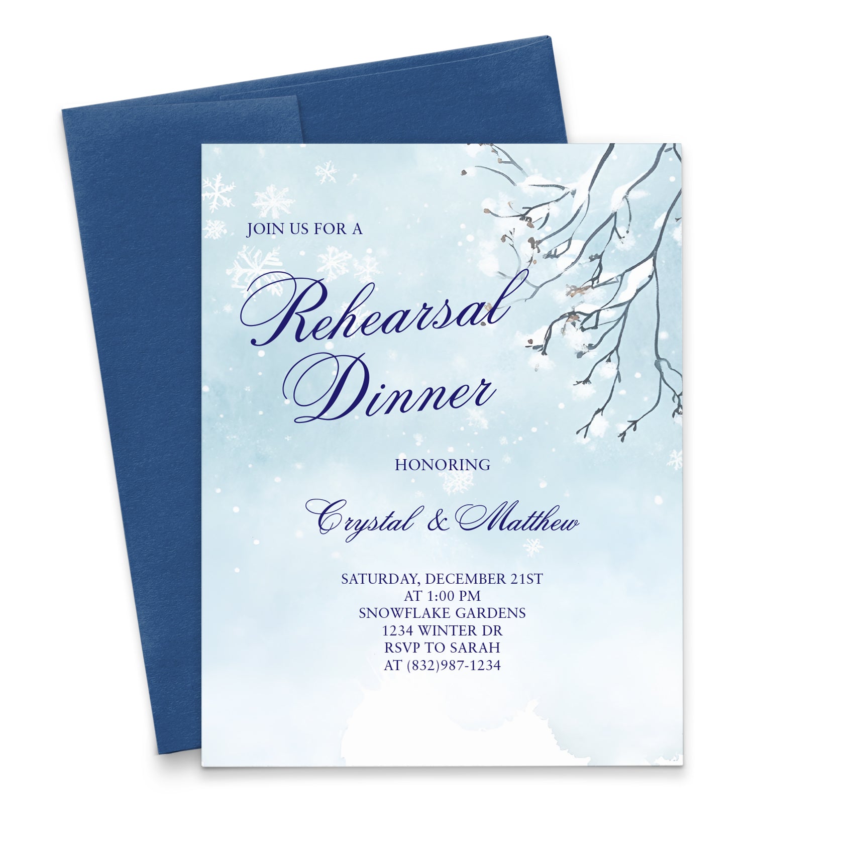 Winter Rehearsal Dinner Invite With Falling Snow