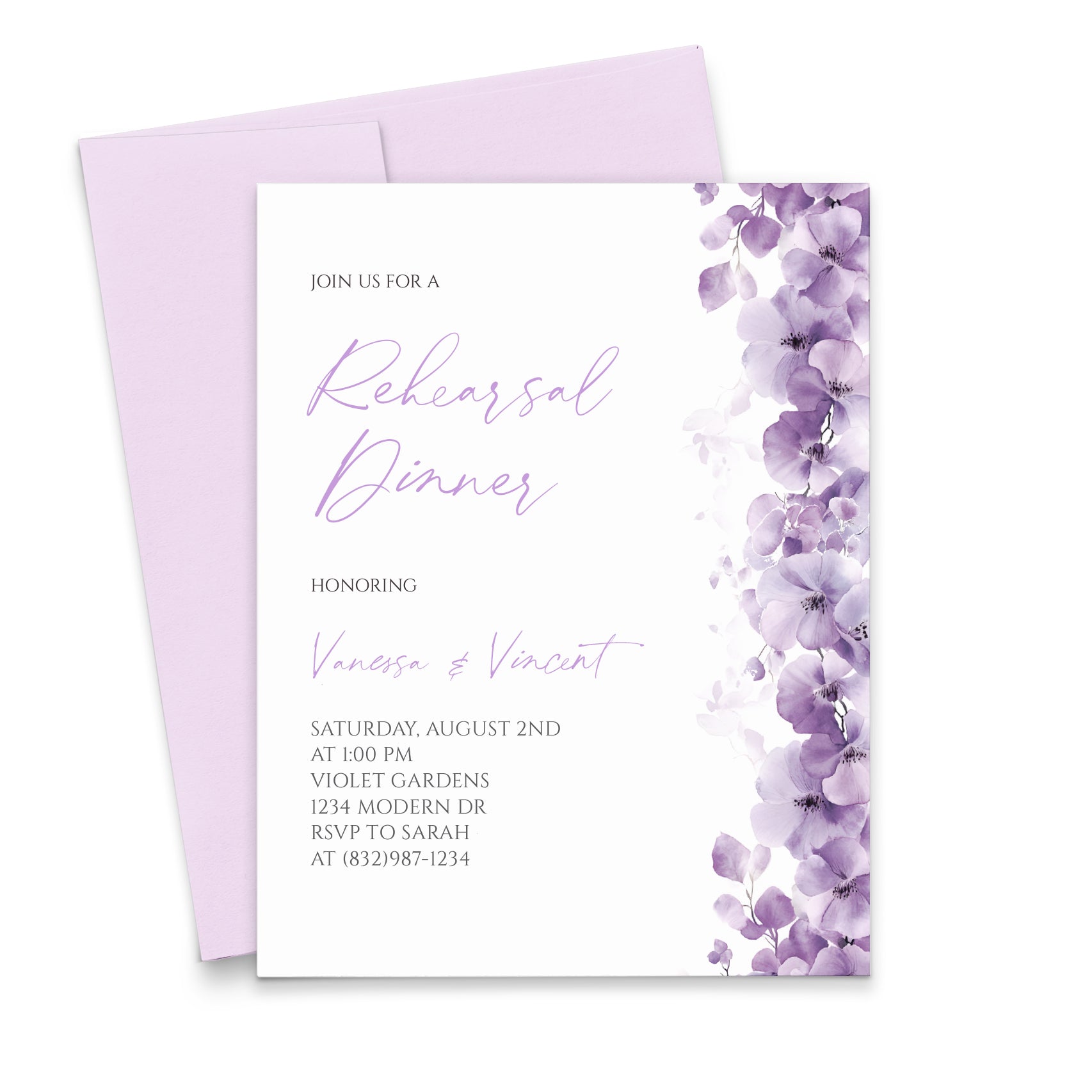 Classy Purple Floral Rehearsal Dinner Invitations