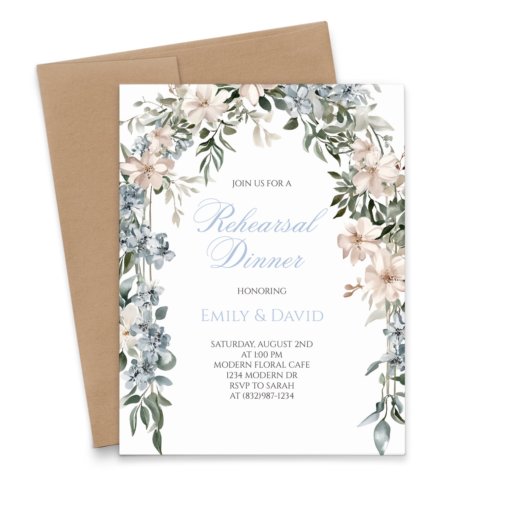 Dusty Blue Rehearsal Dinner Invitations With Florals