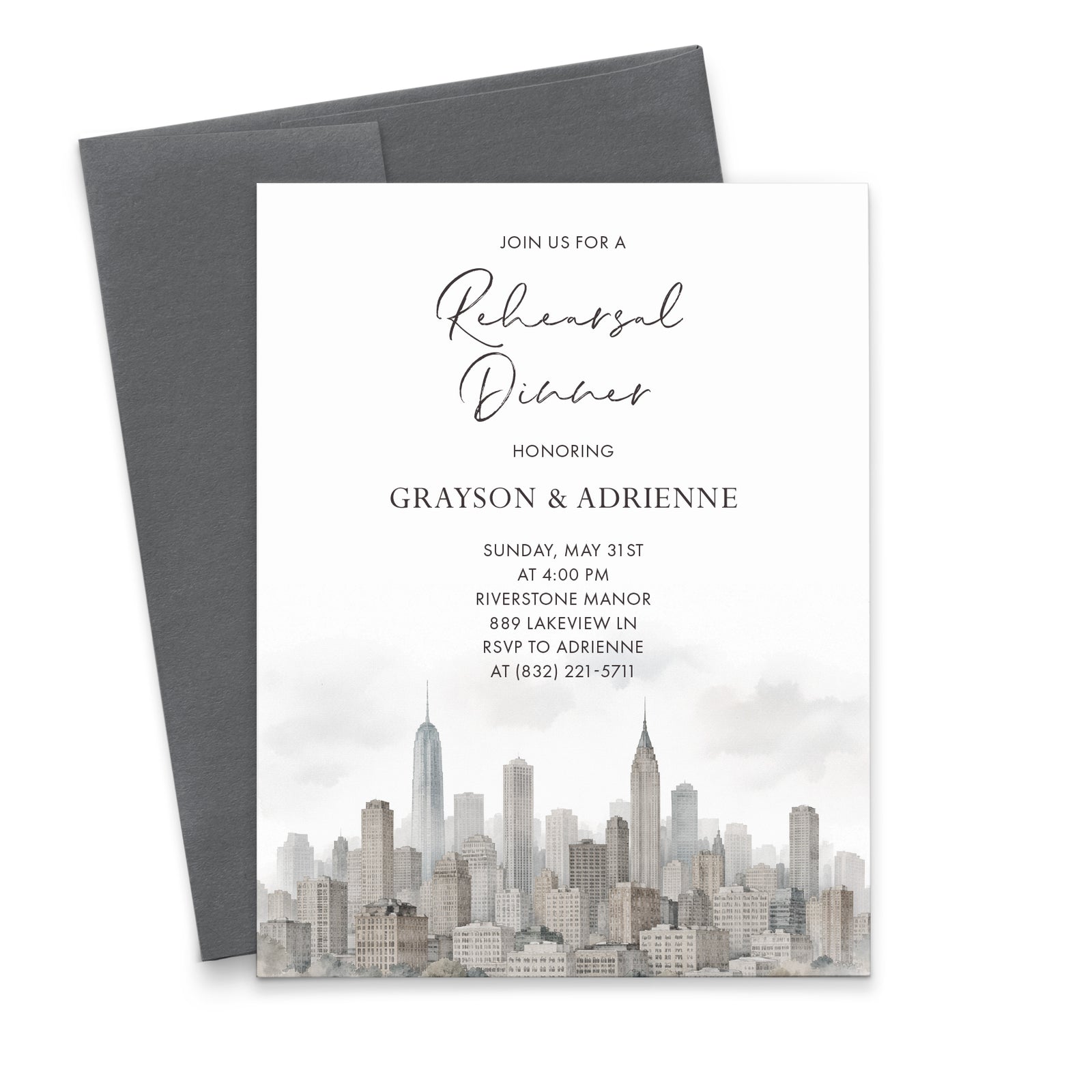 City Skyline Wedding Rehearsal Dinner Invitations
