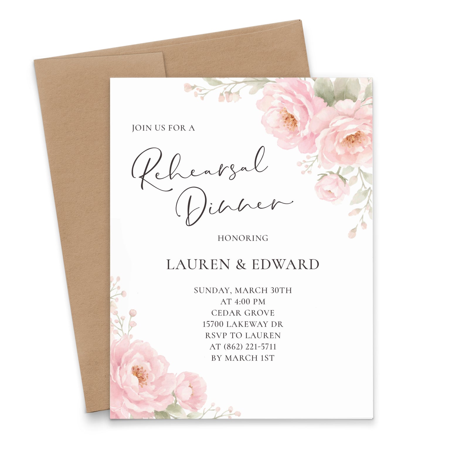 Blush Pink Peony Wedding Rehearsal Dinner Invitations