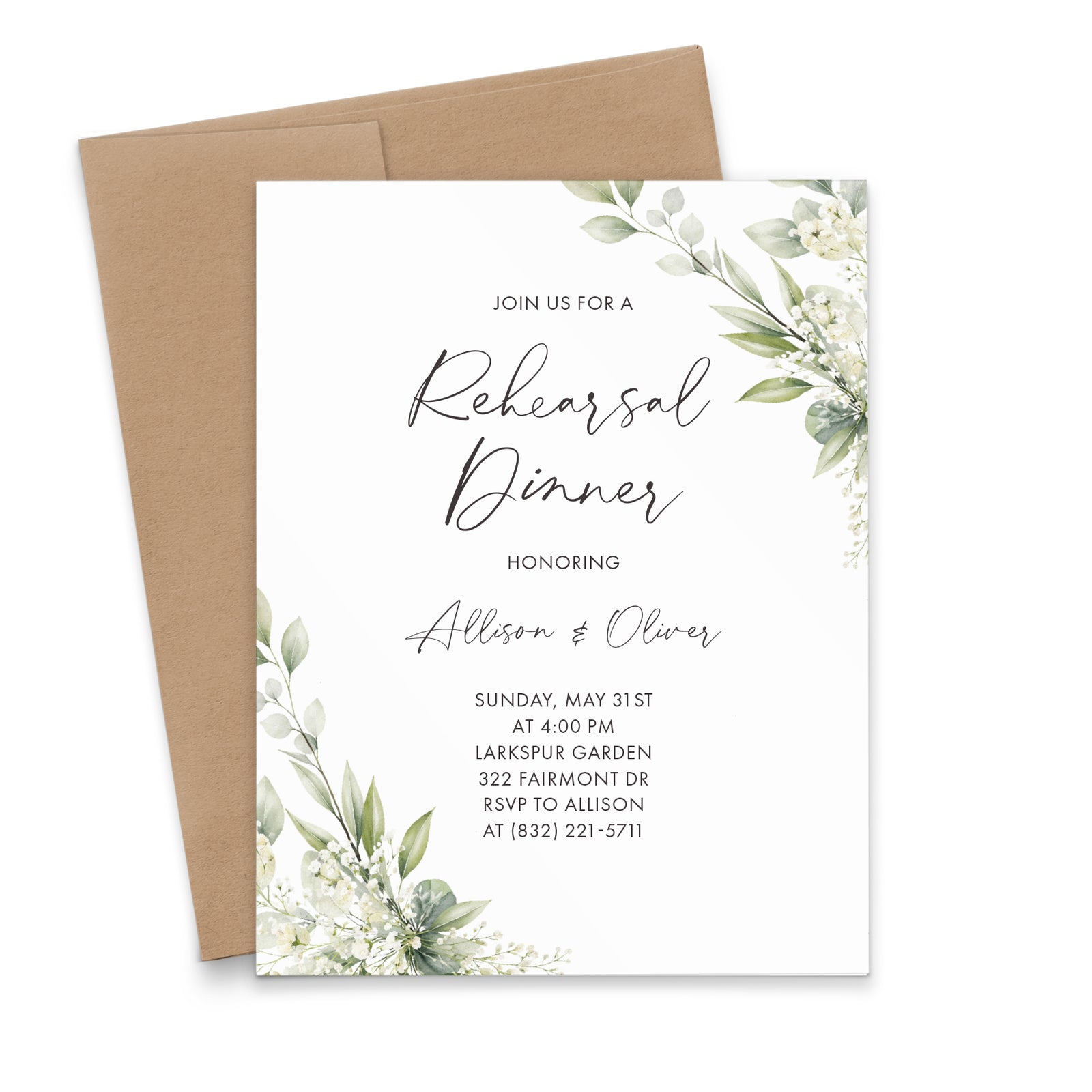 Watercolor Greenery Wedding Rehearsal Dinner Invitations