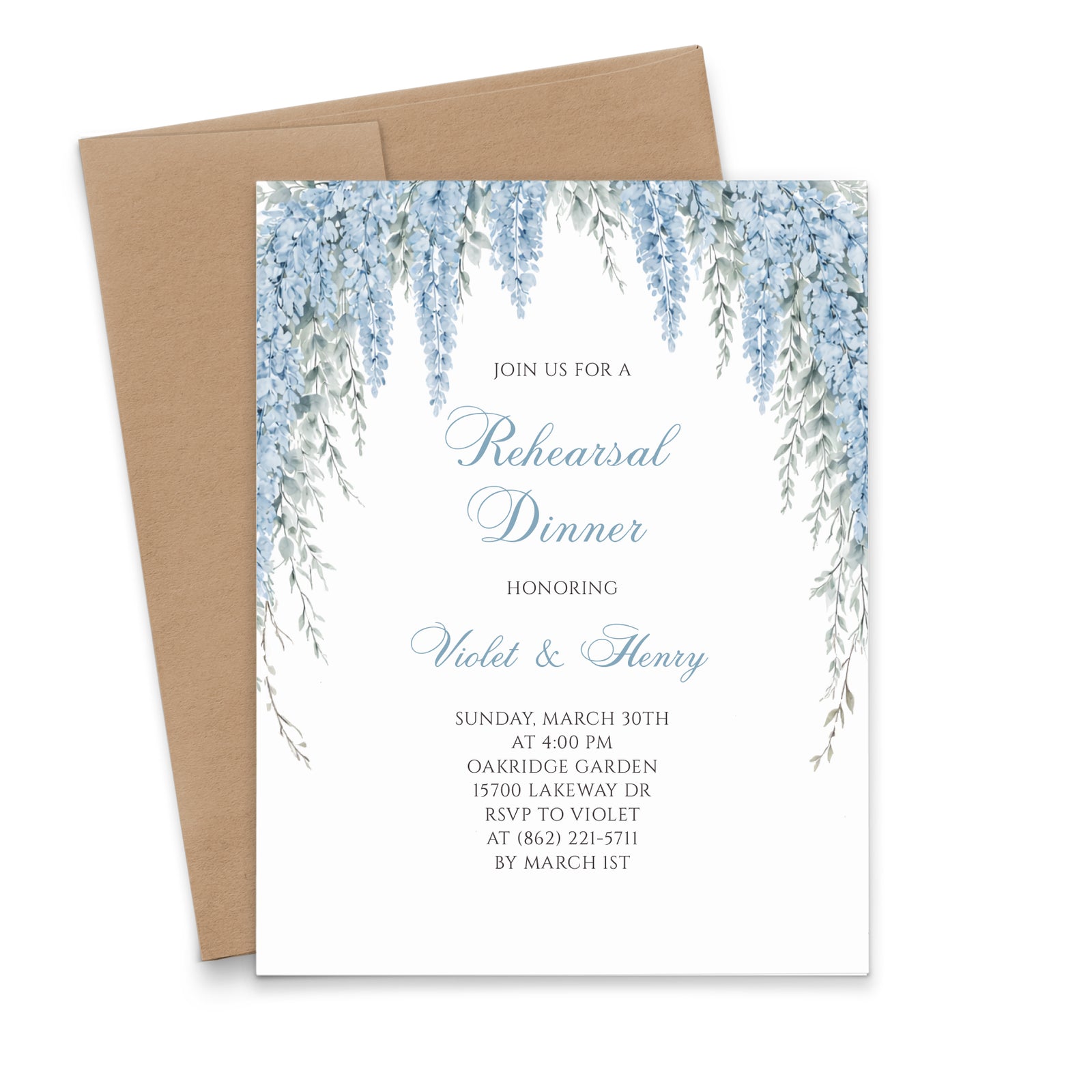 Dusty Blue Wisteria Wedding Rehearsal Dinner Invitations