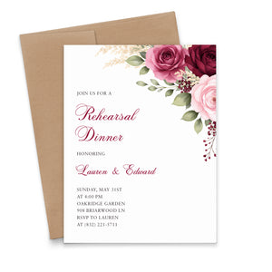 Burgundy and Pink Rose Wedding Rehearsal Dinner Invitations
