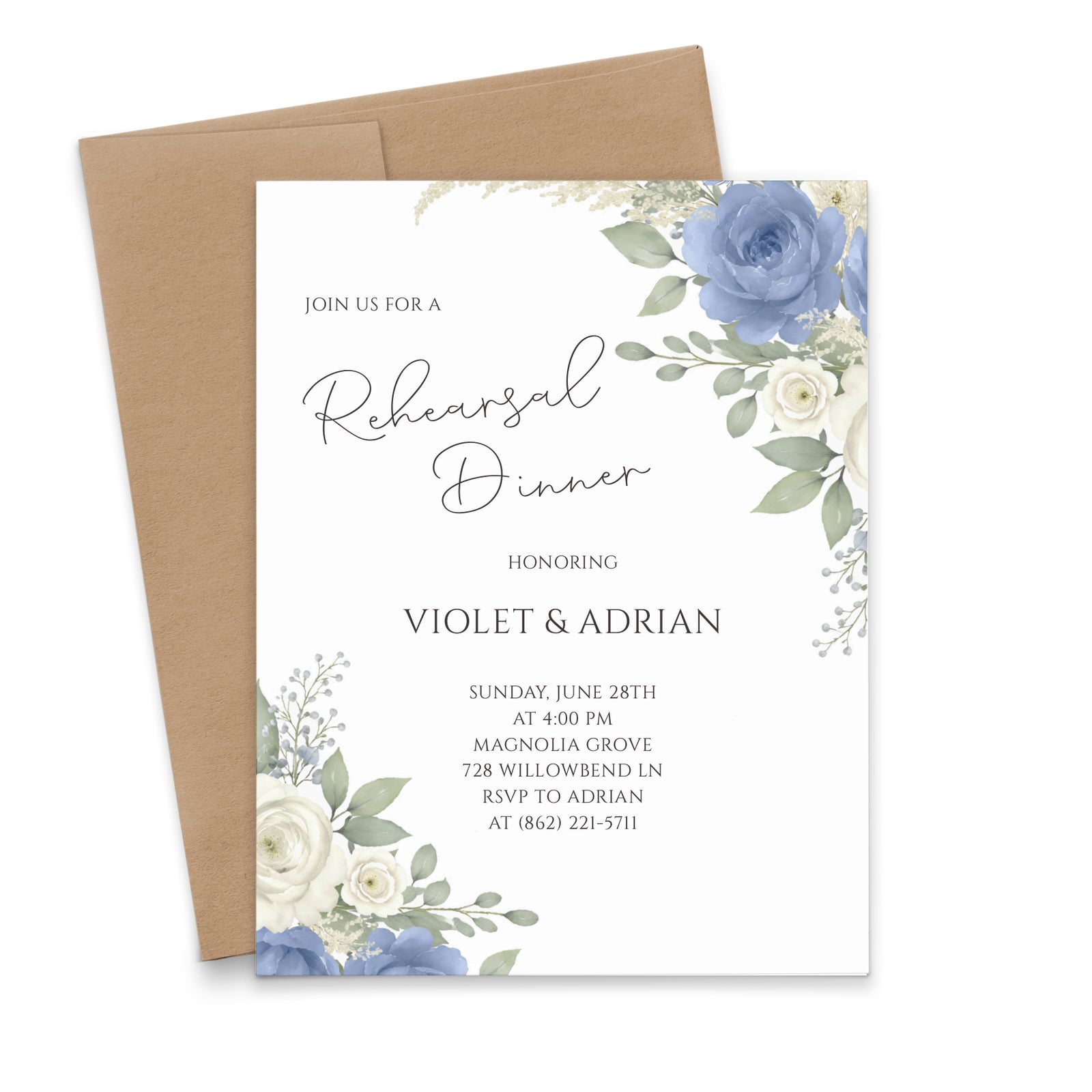 Dusty Blue Rose Wedding Rehearsal Dinner Invitations