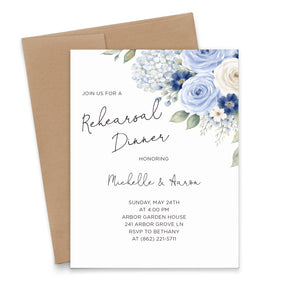 Blue Rose and Hydrangea Wedding Rehearsal Dinner Invitations