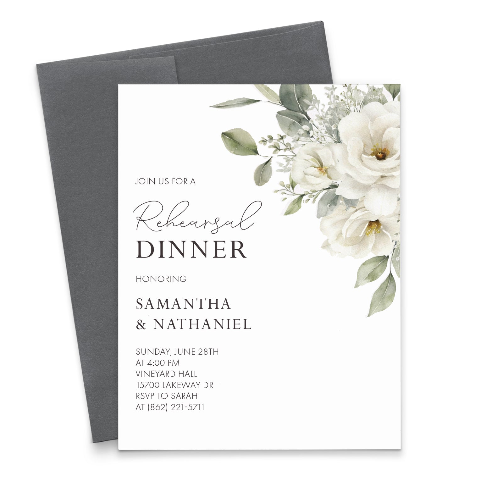 White Floral and Greenery Rehearsal Dinner Invitations