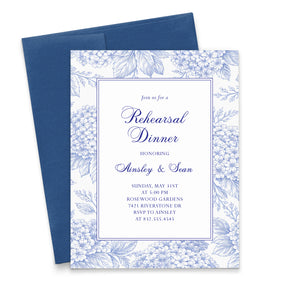 Blue Toile Hydrangea Wedding Rehearsal Dinner Invitations