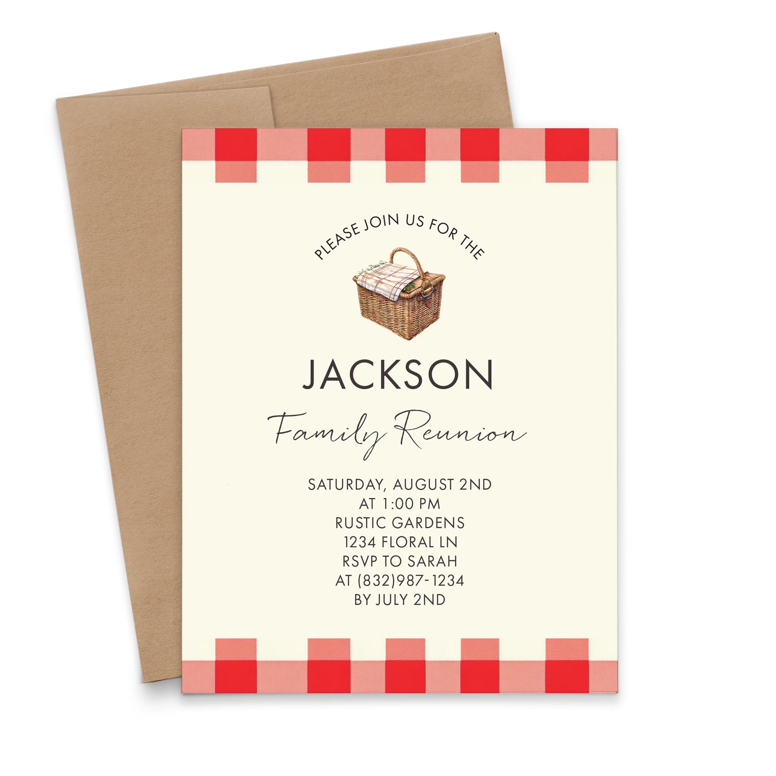 Red Gingham Family Picnic Invitation Card With Border