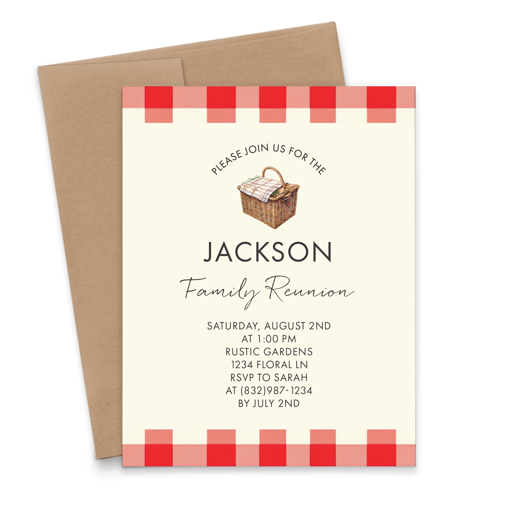 Red Gingham Family Picnic Invitation Card With Border