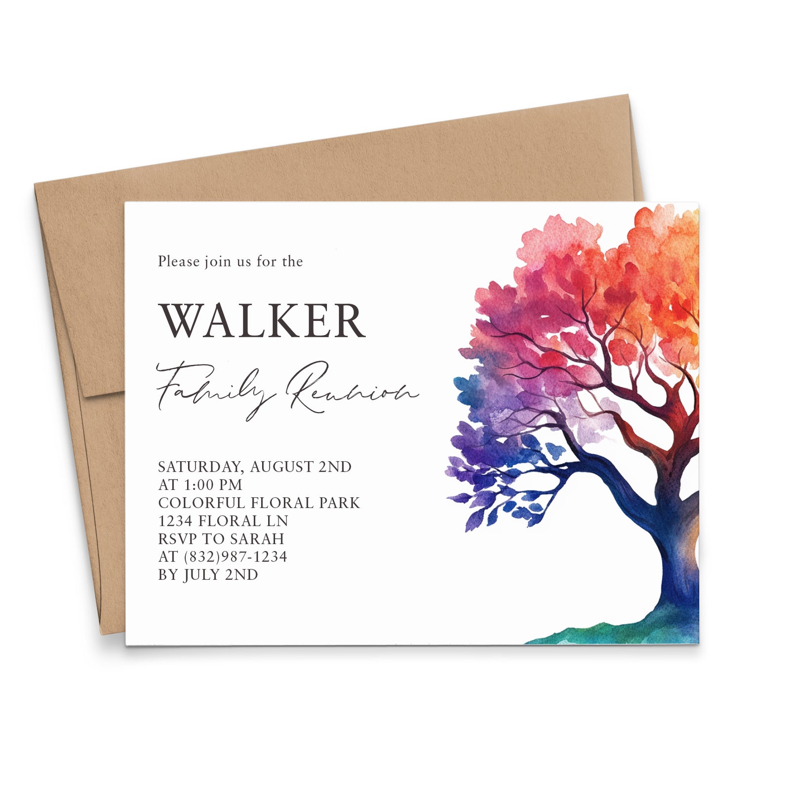 Watercolor Family Reunion Invitations With Colorful Tree