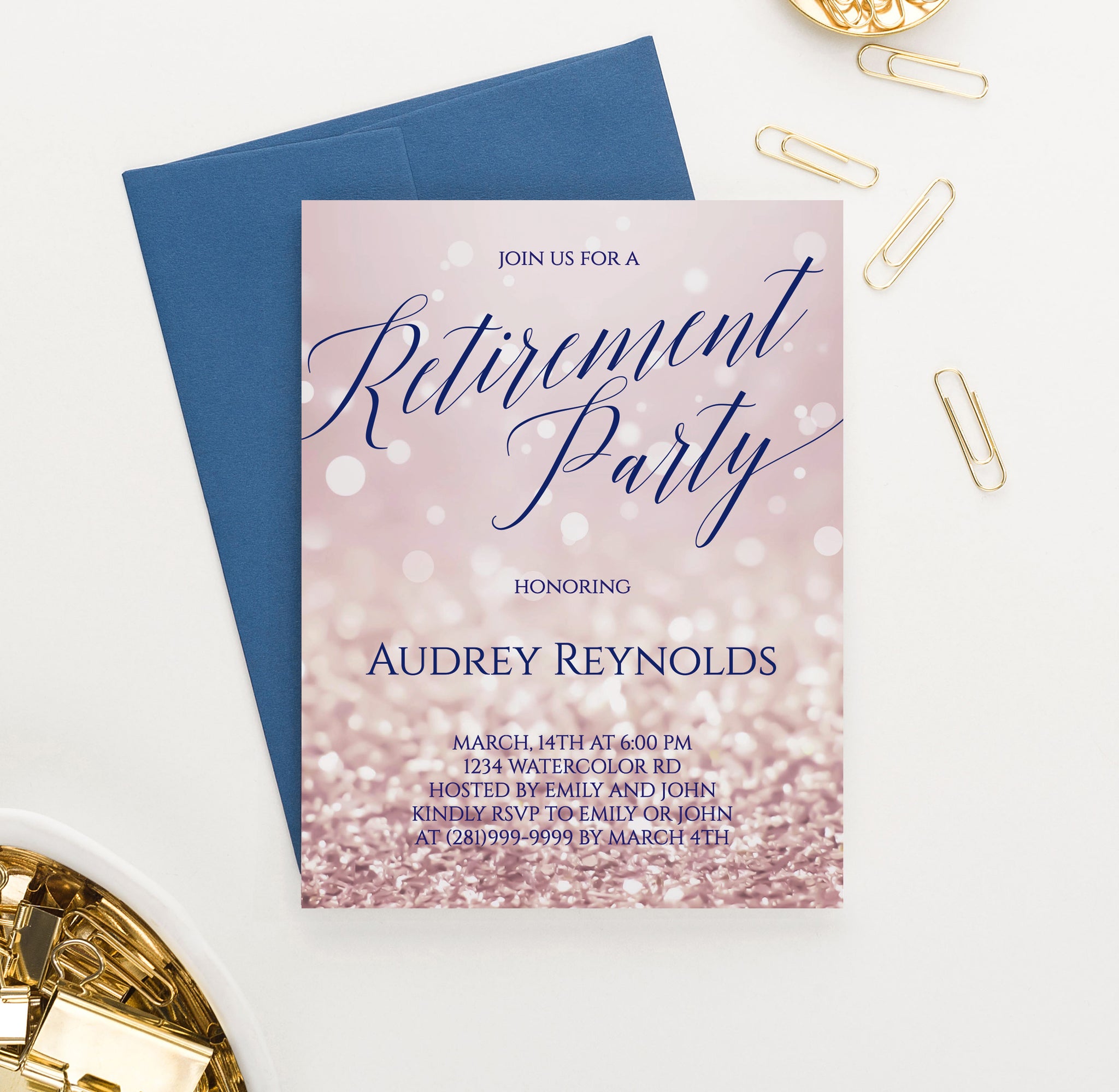 Rose Gold Personalized Retirement Party Invitations - Modern Pink Paper