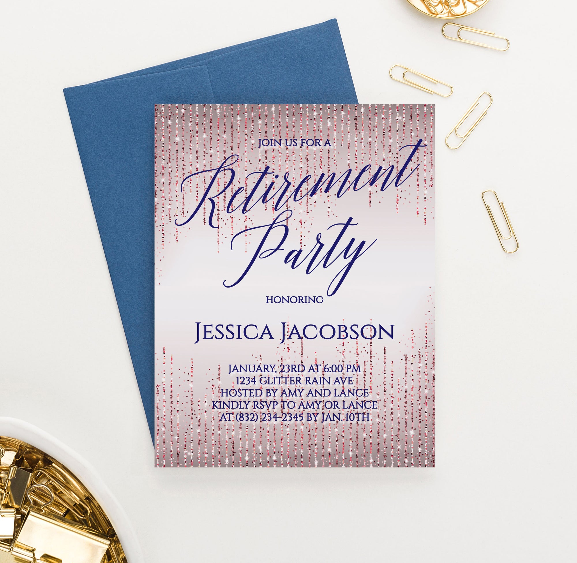 Elegant Personalized Rose Gold Glitter Retirement Party Invitations