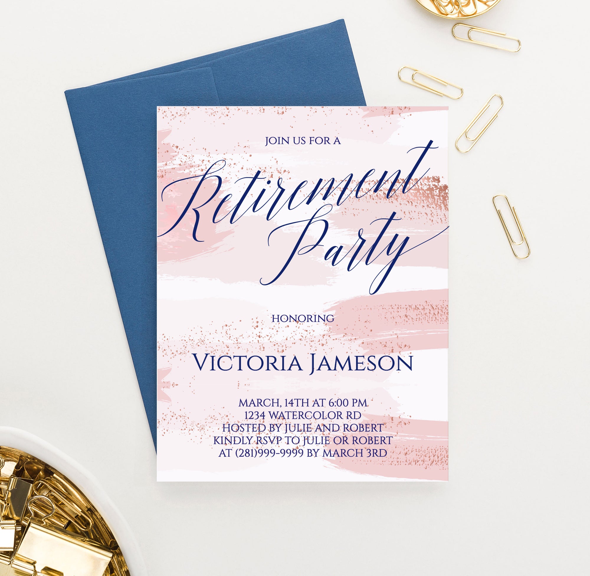 Watercolor  Pink Retirement Party Invitations Customized