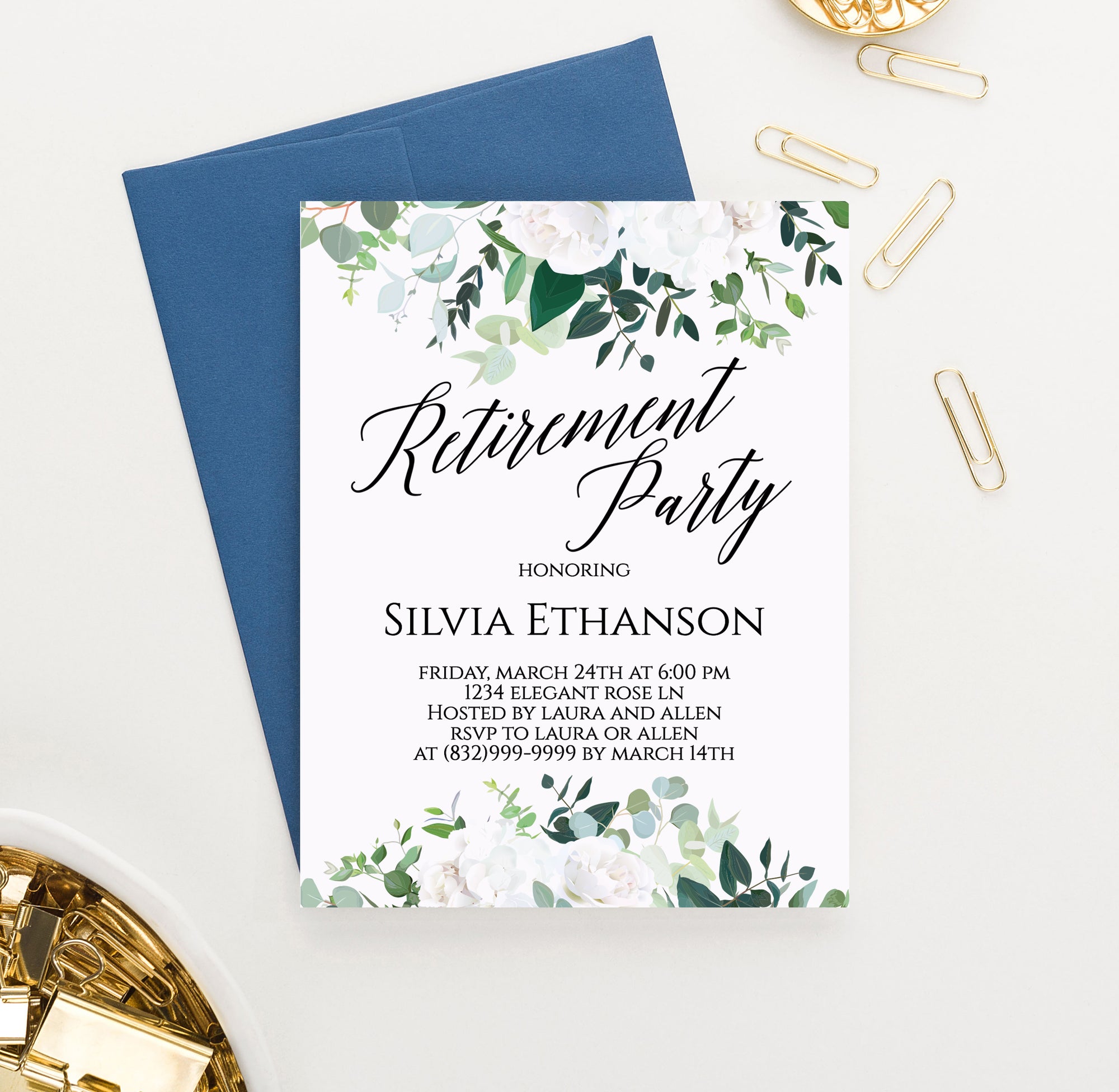 White Floral Personalized Retirement Party Invitations