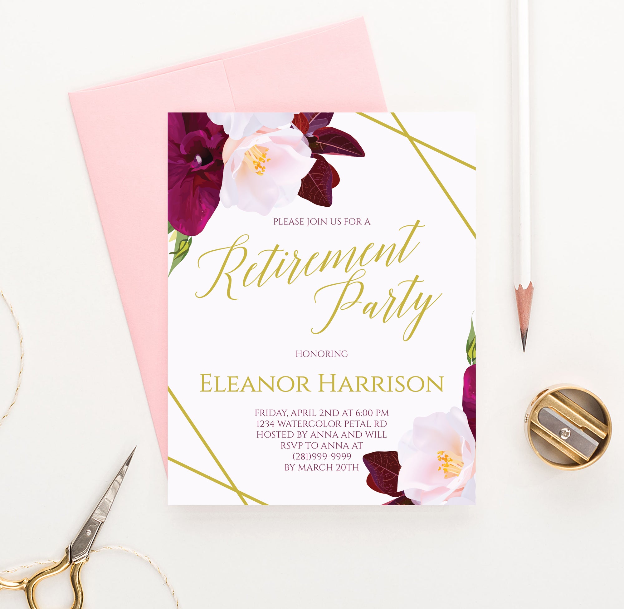 Burgundy And Pink Floral Retirement Party Invitations Personalized