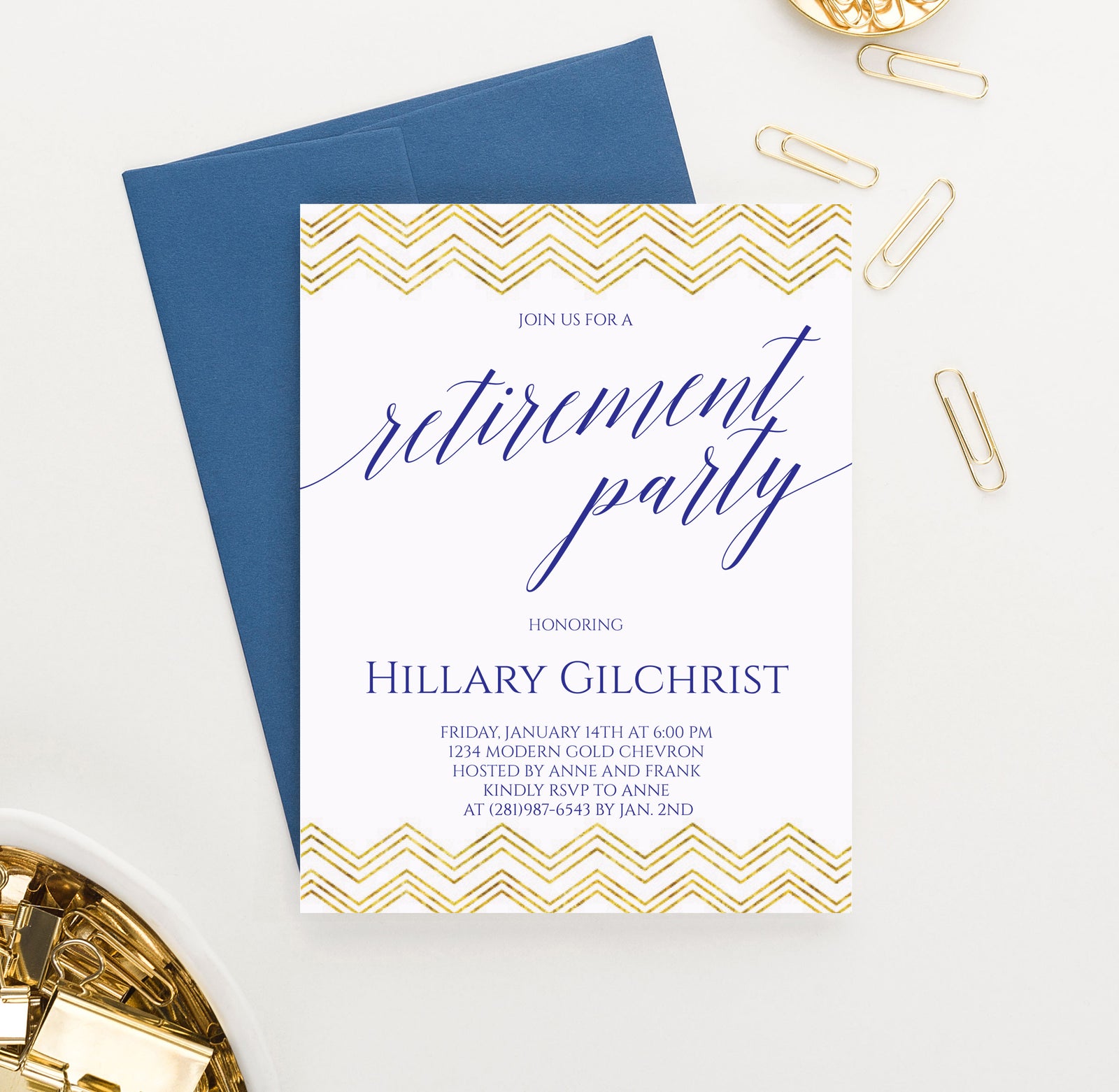 Gold Chevron Retirement Party Invitations Customized
