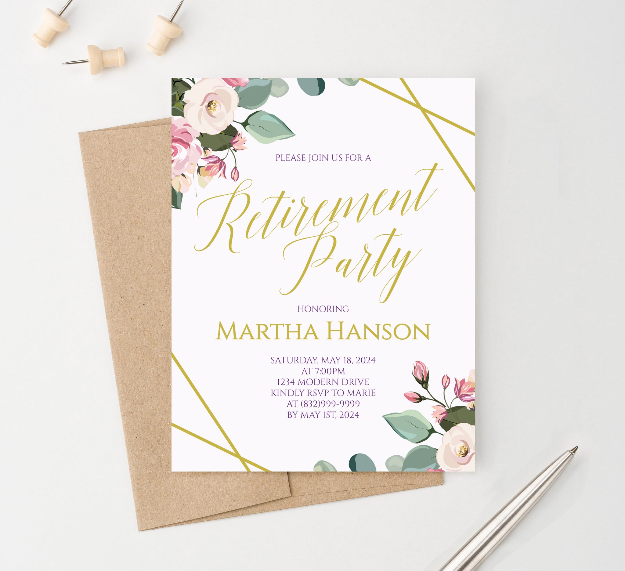 Personalized Modern Retirement Party Invitations With Floral Corners ...
