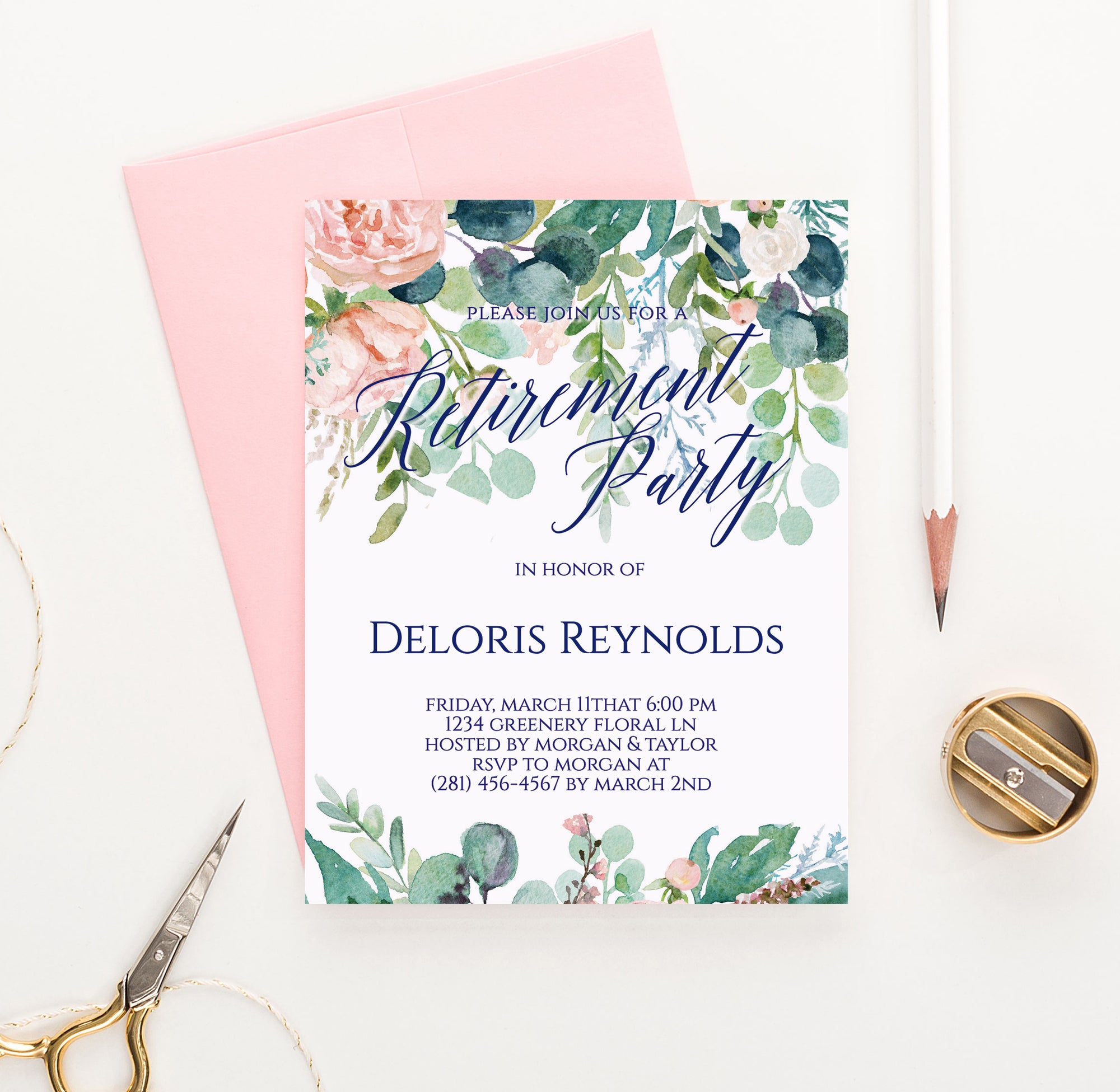 Personalized Greenery Retirement Party Invitations Watercolor