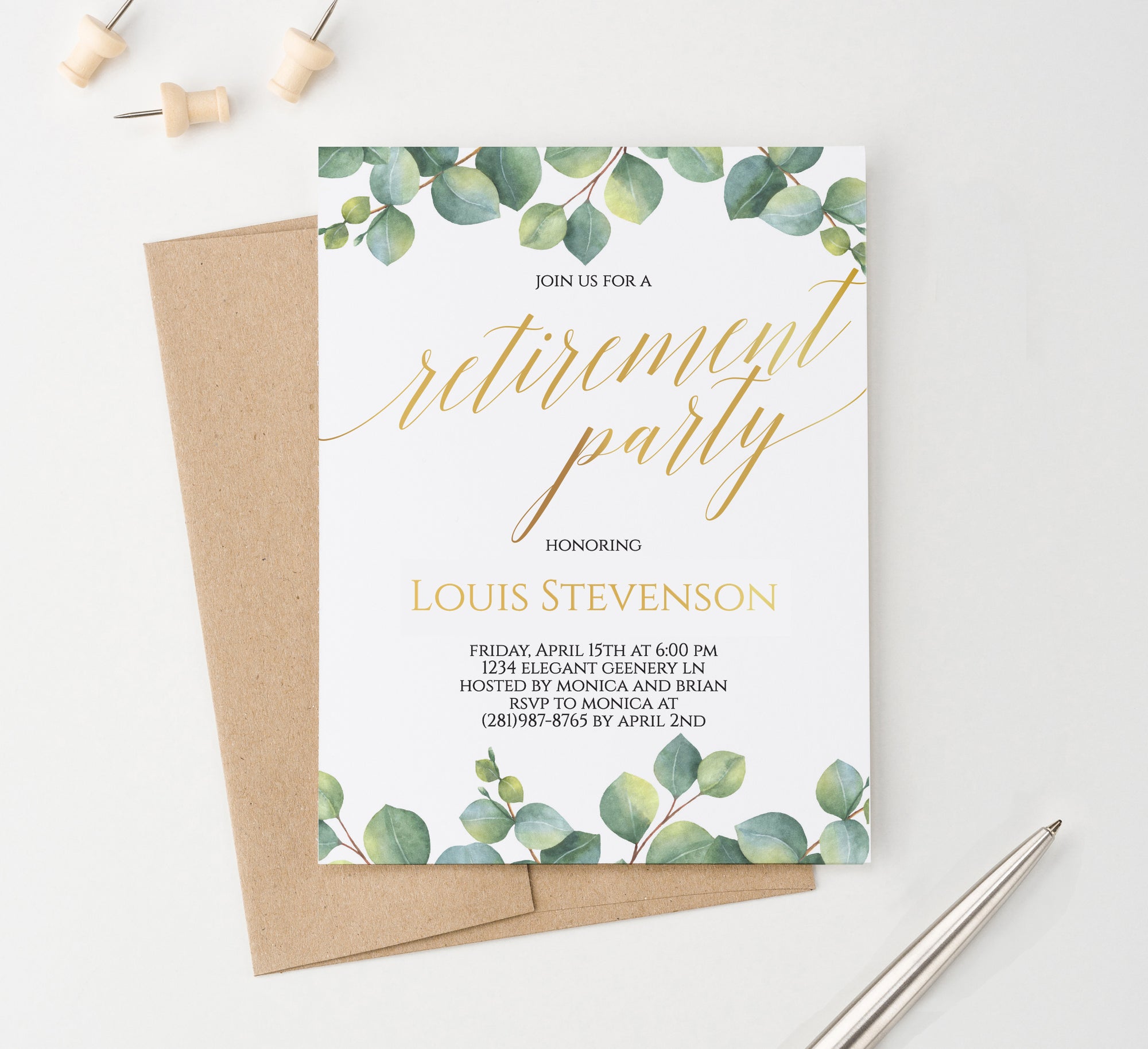 Personalized Classic Greenery Gold Retirement Party Invitations