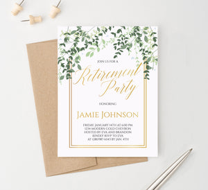 Personalized Greenery Retirement Party Invitations With Gold Frame