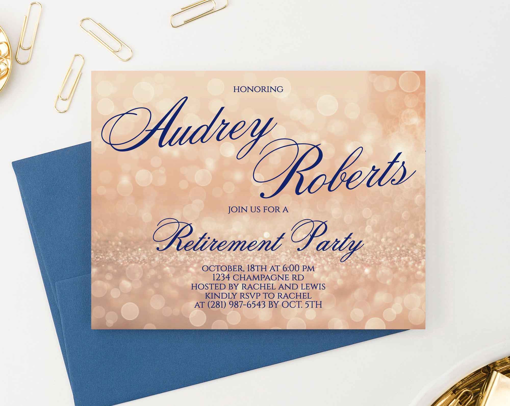 Personalized Champagne Glitter Retirement Party Invitations