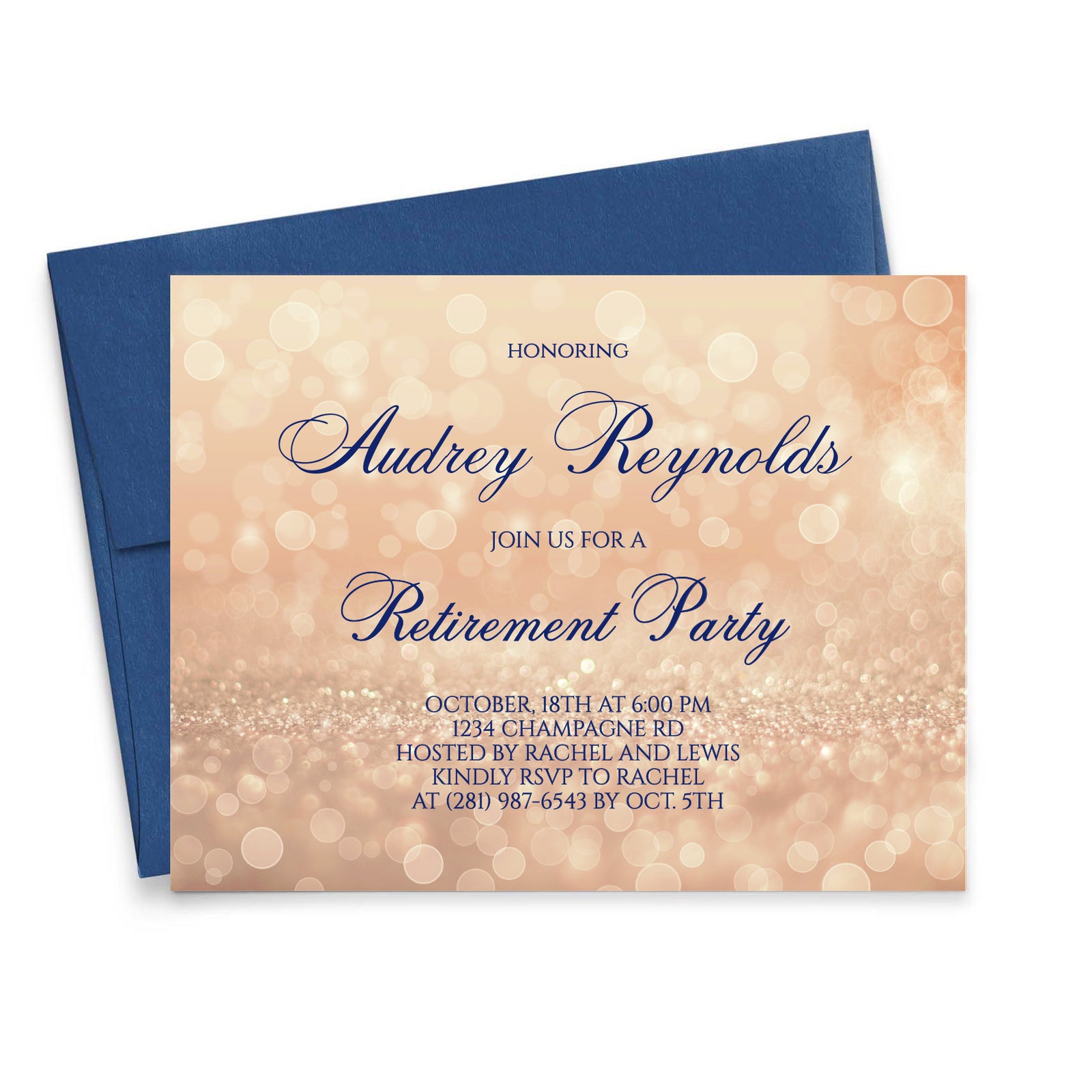 Personalized Champagne Glitter Retirement Party Invitations