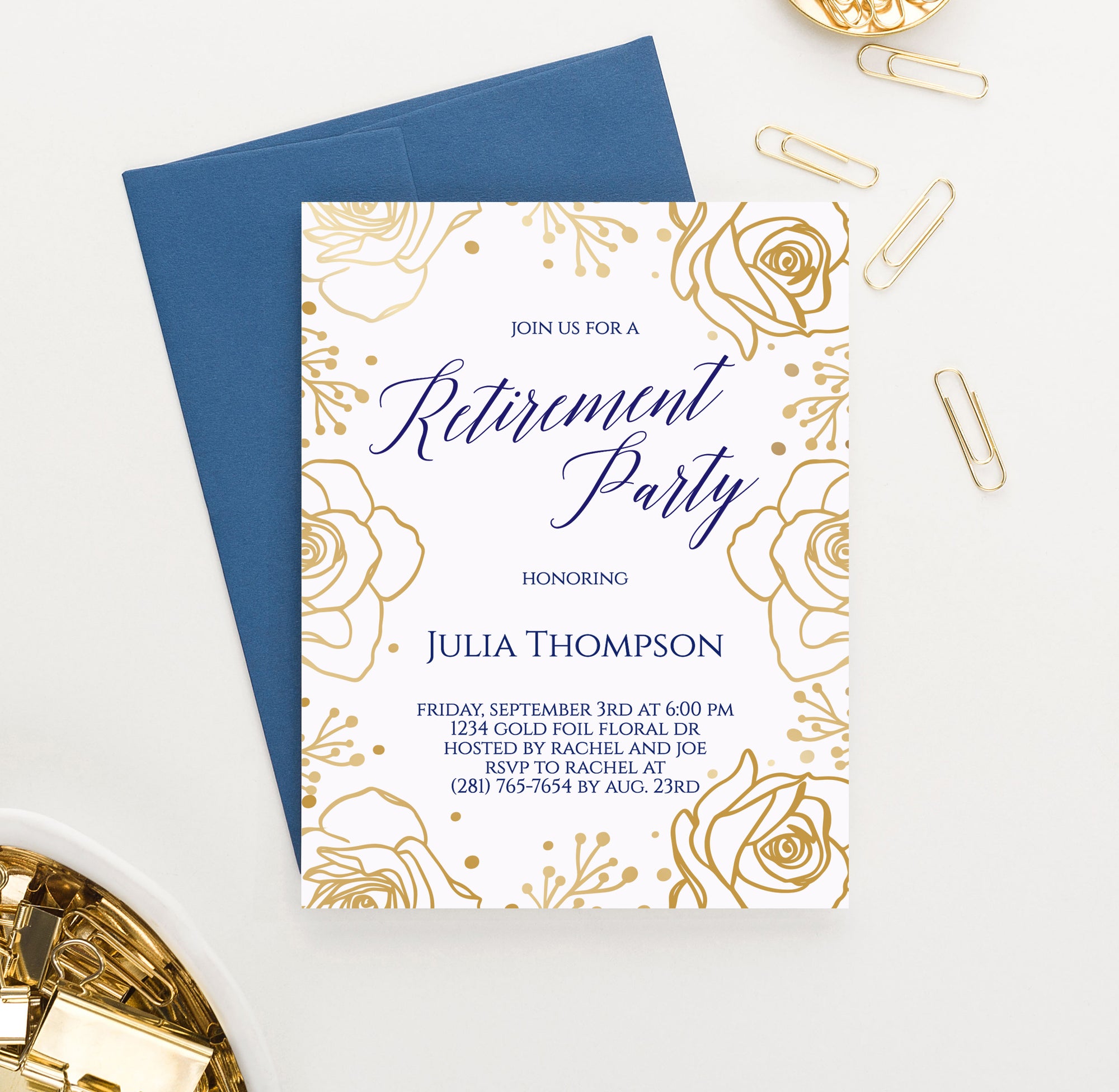 Gold Roses Retirement Party Invitations Personalized